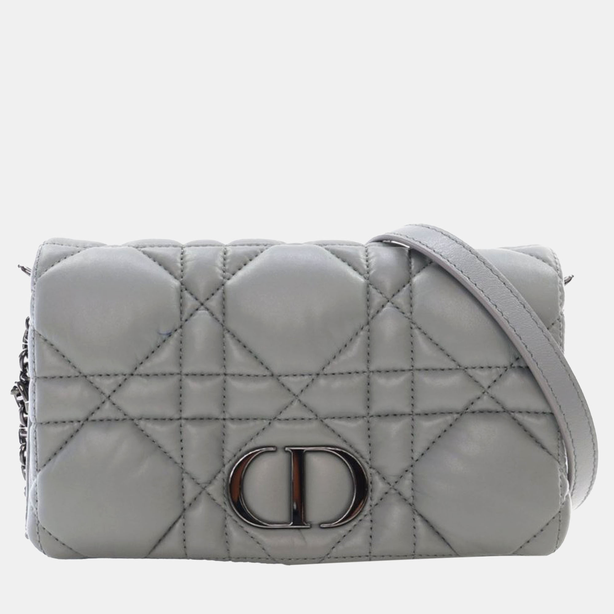 Pre-owned Dior Grey Mini Calfskin Macrocannage Caro Bag In Gray