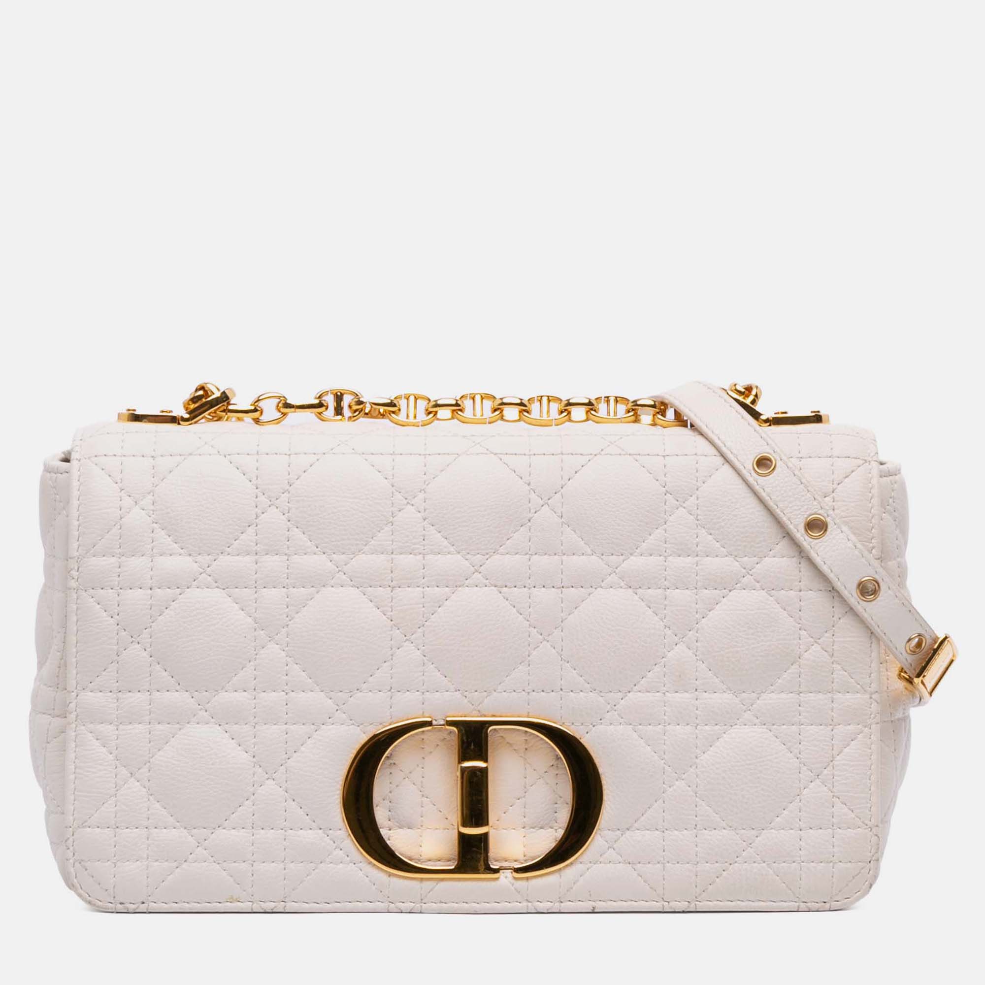 

Dior White Medium Calfskin Cannage Supple Caro Bag