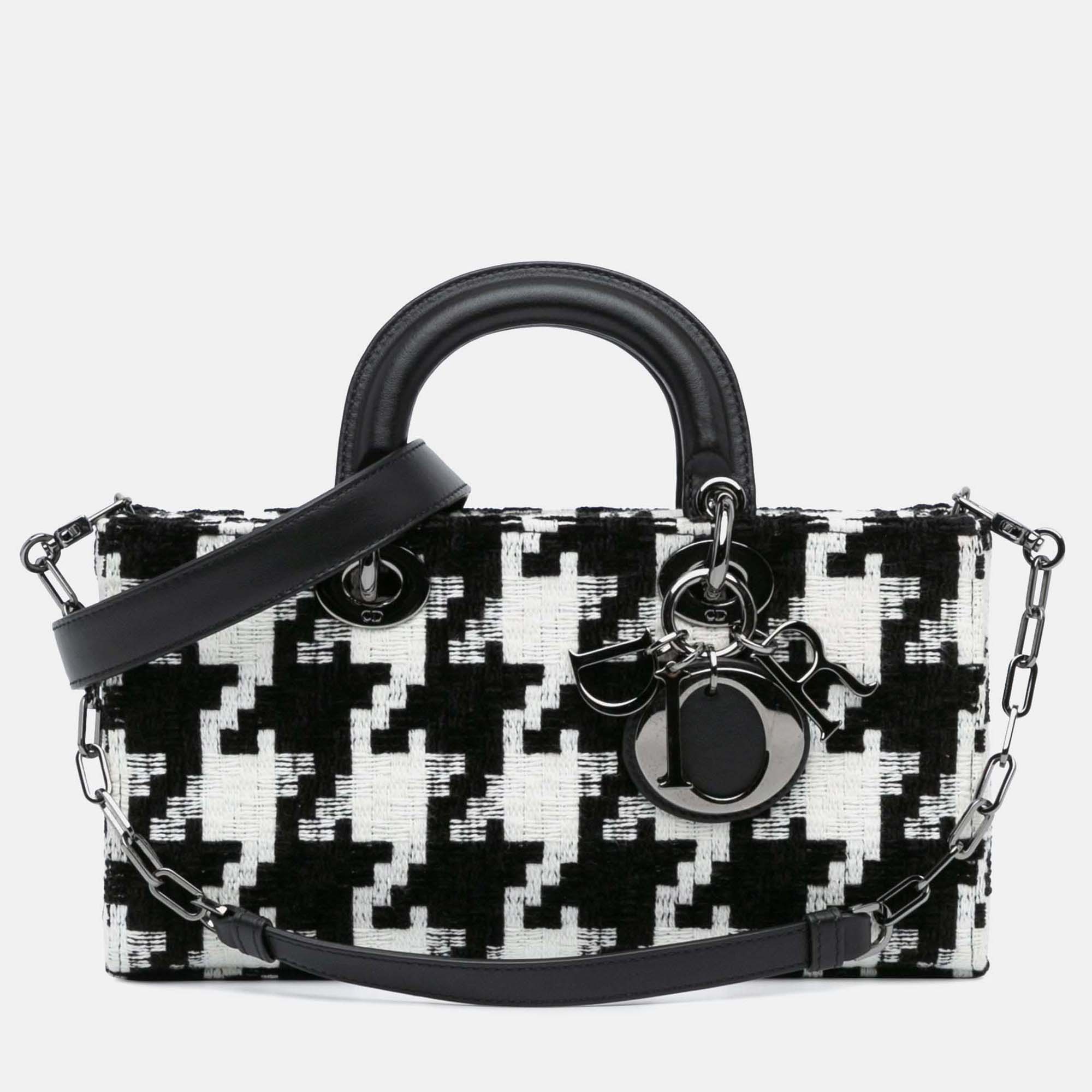 Pre-owned Dior Lady D Joy Medium Macro Houndstooth Canvas Bag In Black