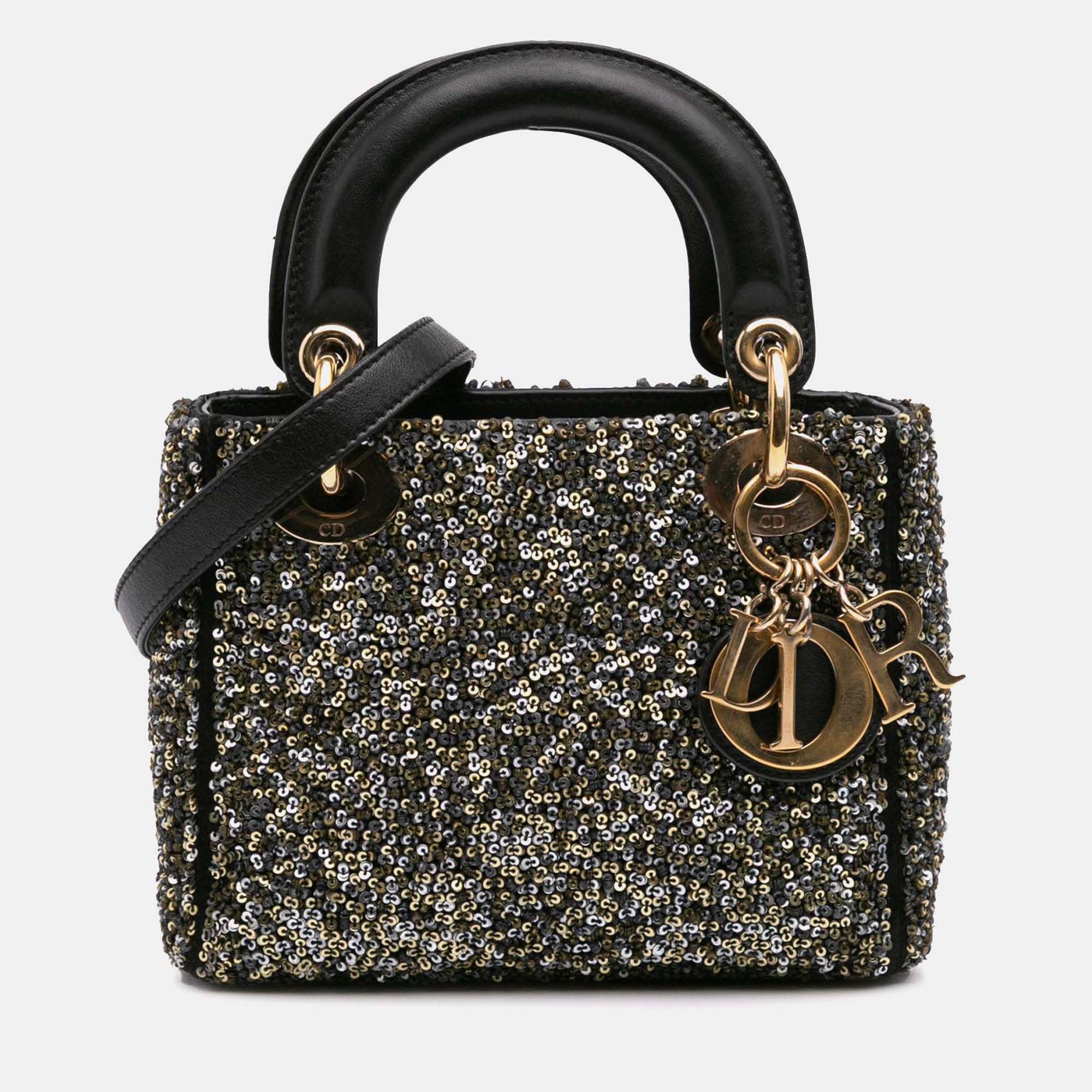 

Dior Lady Dior Mini Satin Sequin Embroidered Bag, Black