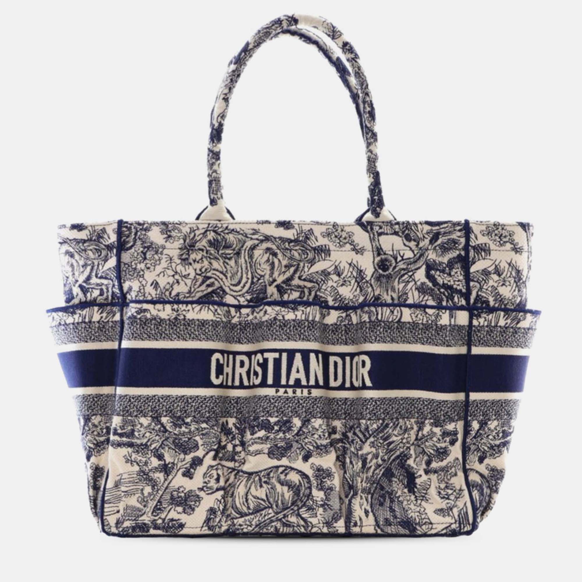 Pre-owned Dior Blue Canvas Embroidered Toile De Jouy Catherine Tote