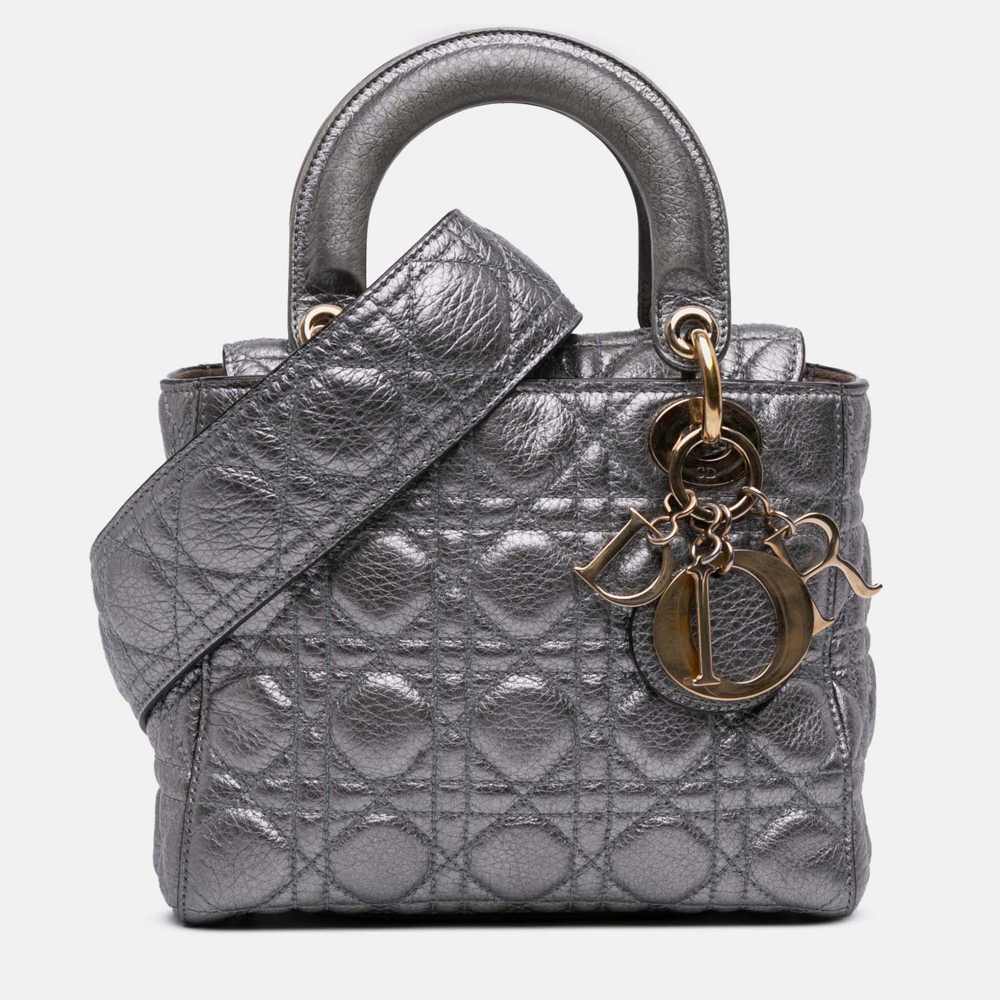 

Dior Silver Small Metallic Grained Calfskin Cannage Supple Lady Dior