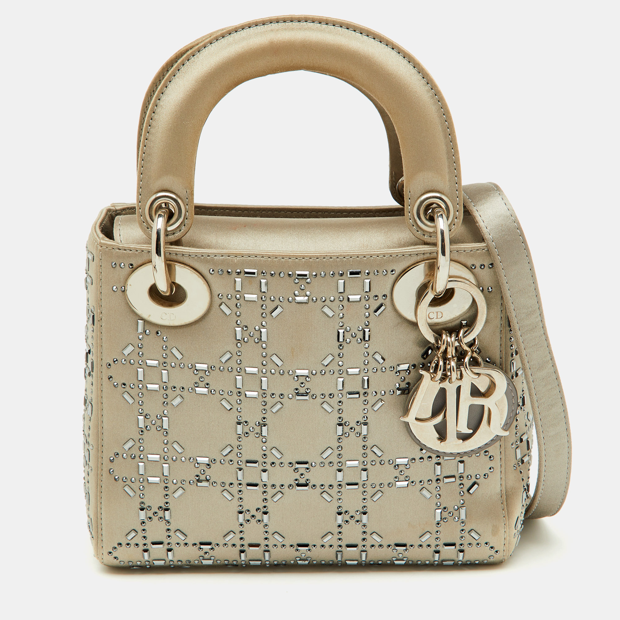 

Dior Light Grey Satin Cannage Strass Crystal Embellished Mini Lady Dior Tote