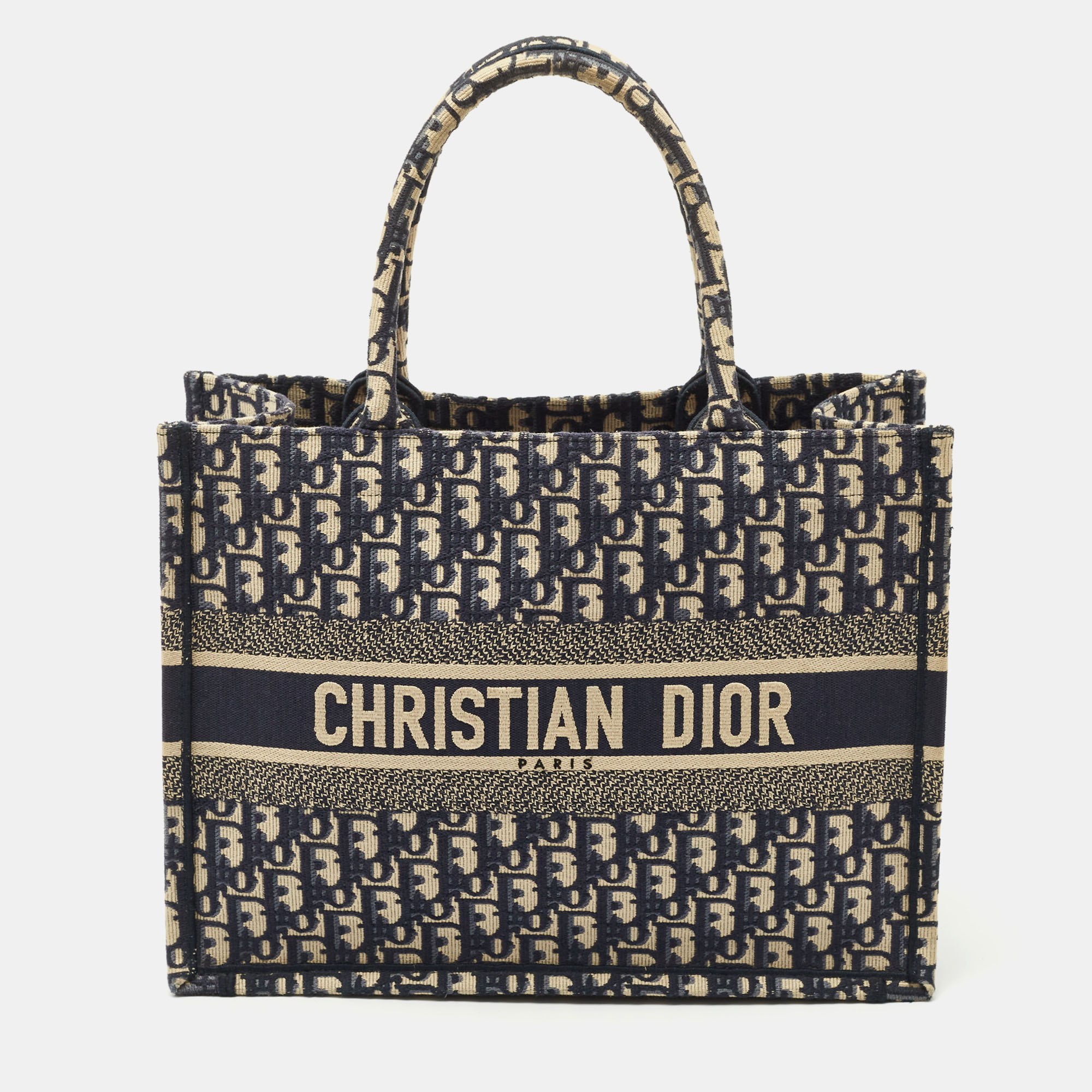 Pre-owned Dior Navy Blue Oblique Embroidered Canvas Medium Book Tote