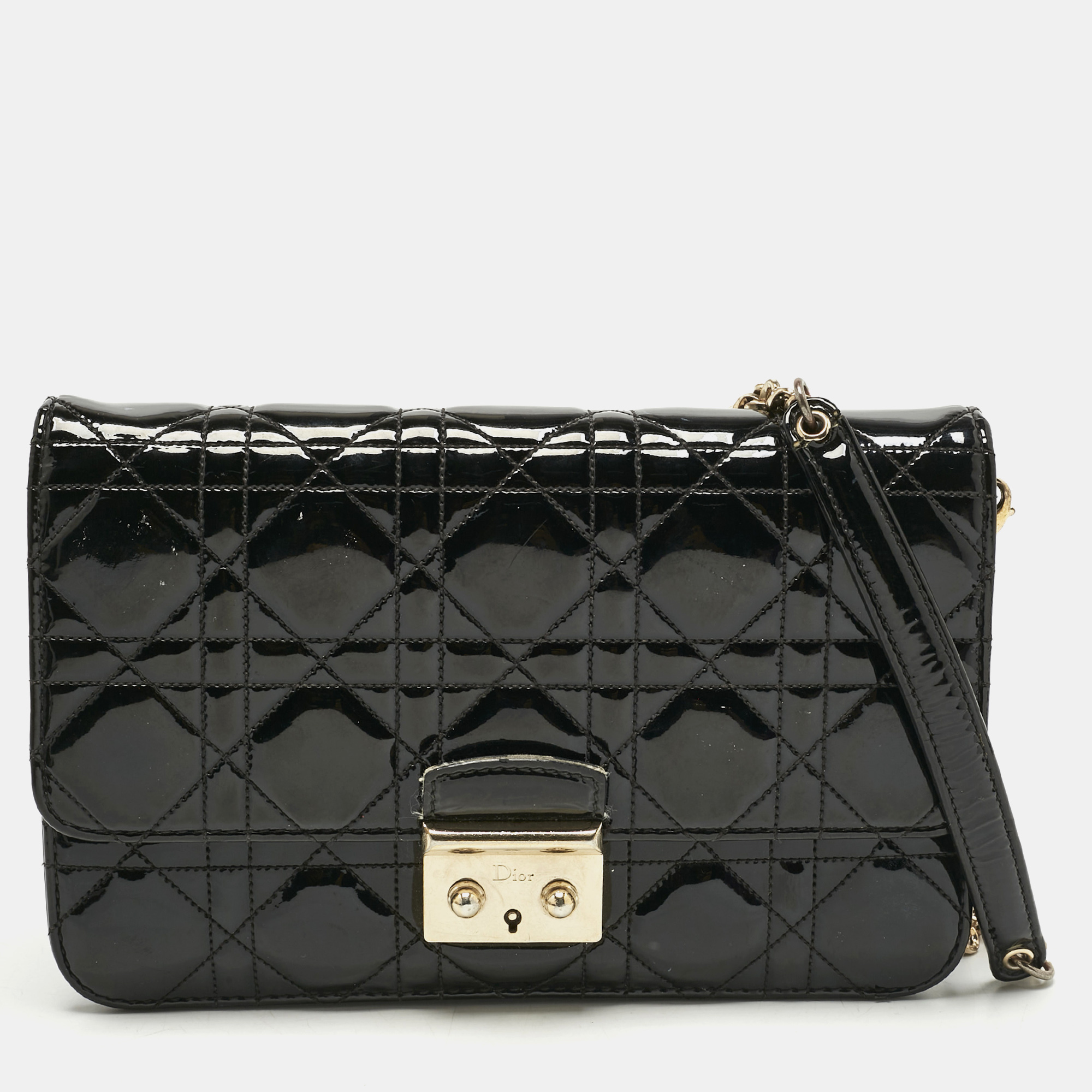 

Dior Black Cannage Patent Leather Miss Dior Promenade Wallet On Chain