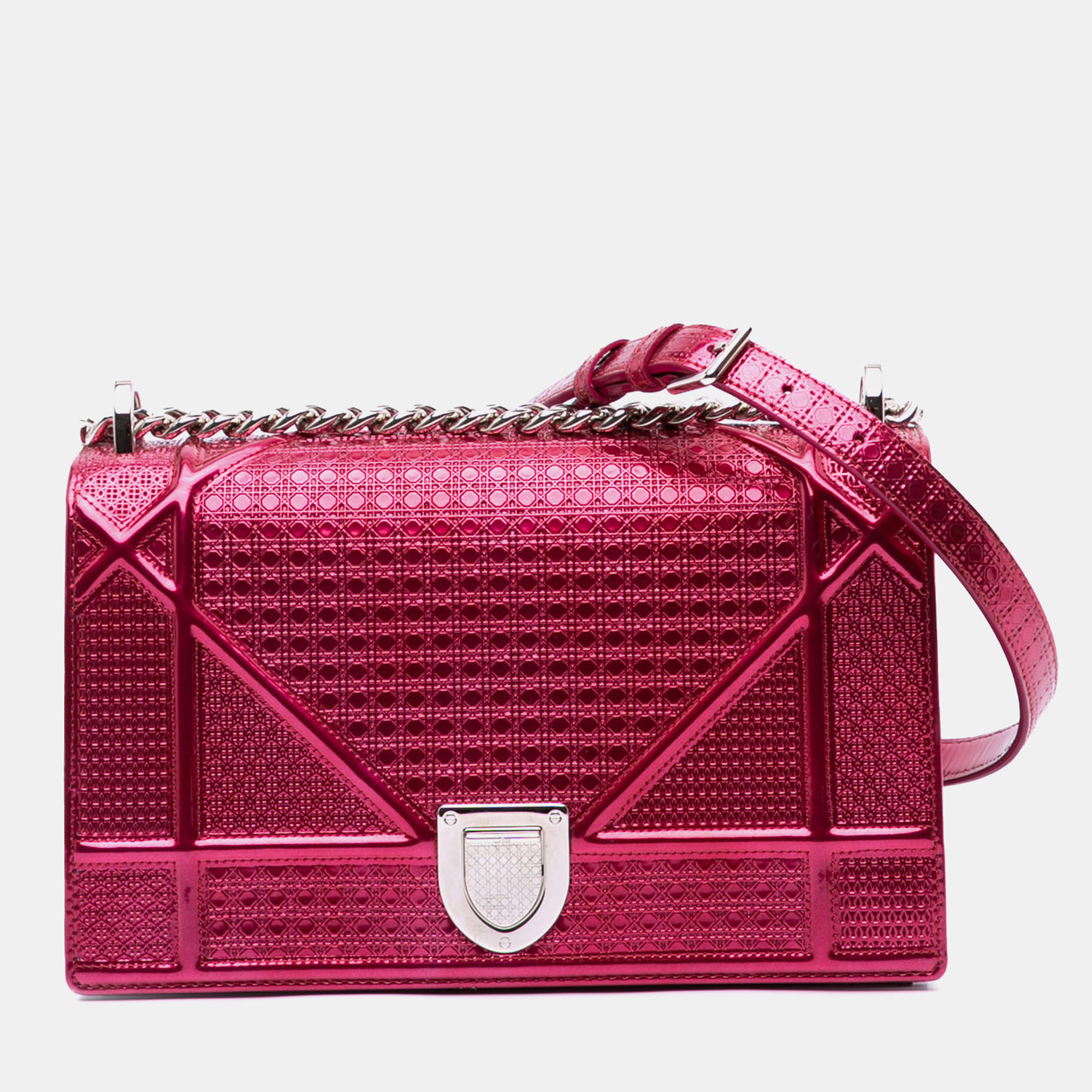 

Dior Pink Medium Metallic Patent Microcannage Diorama Flap