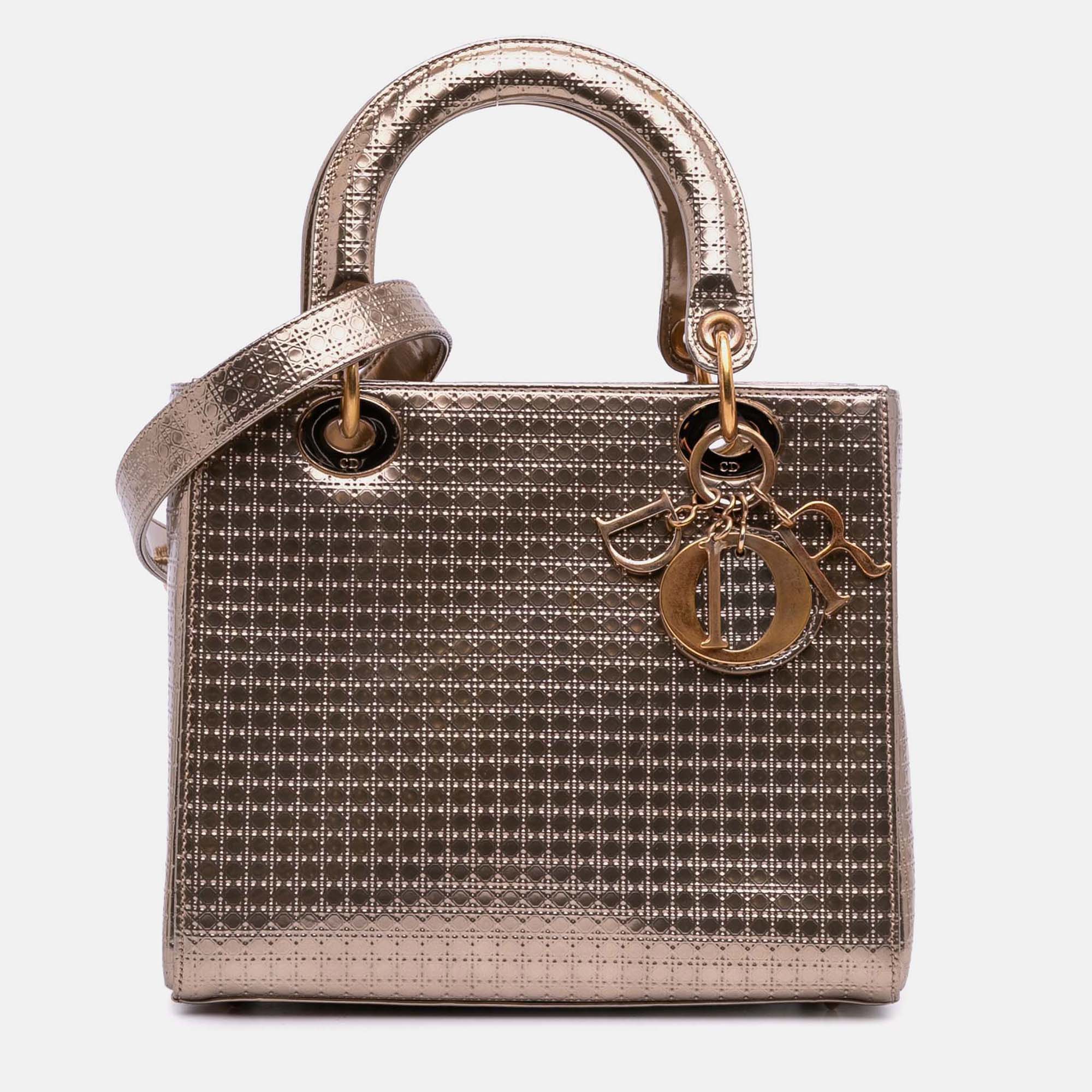 

Dior Gold Medium Metallic Patent Microcannage Lady Dior