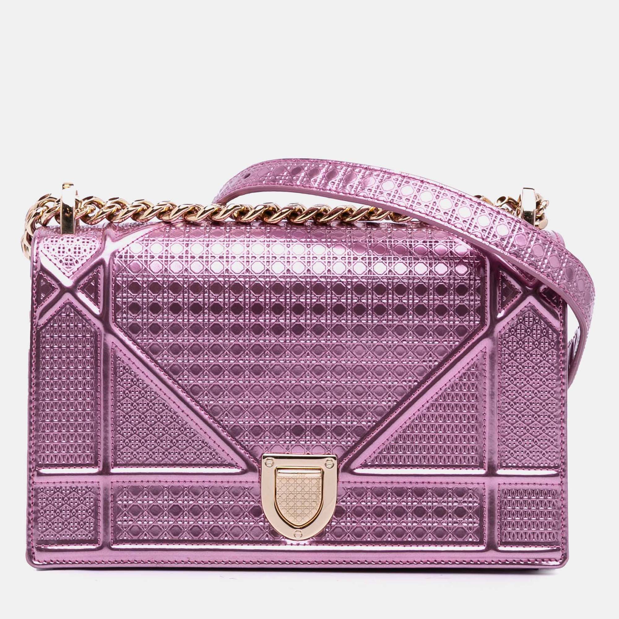 

Dior Pink Small Metallic Patent Microcannage Diorama Flap