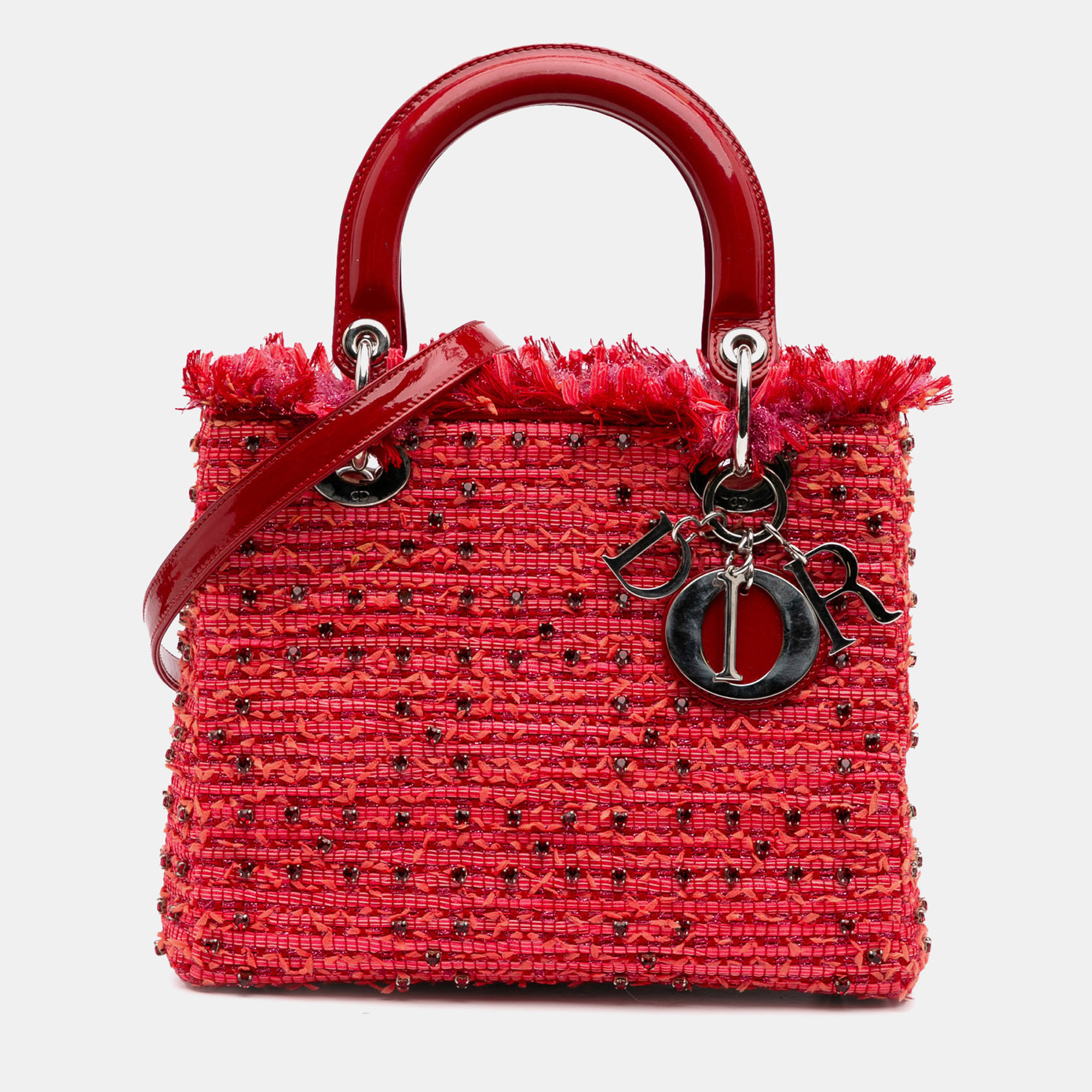 

Dior Red Medium Tweed Fringe Rhinestone Lady Dior