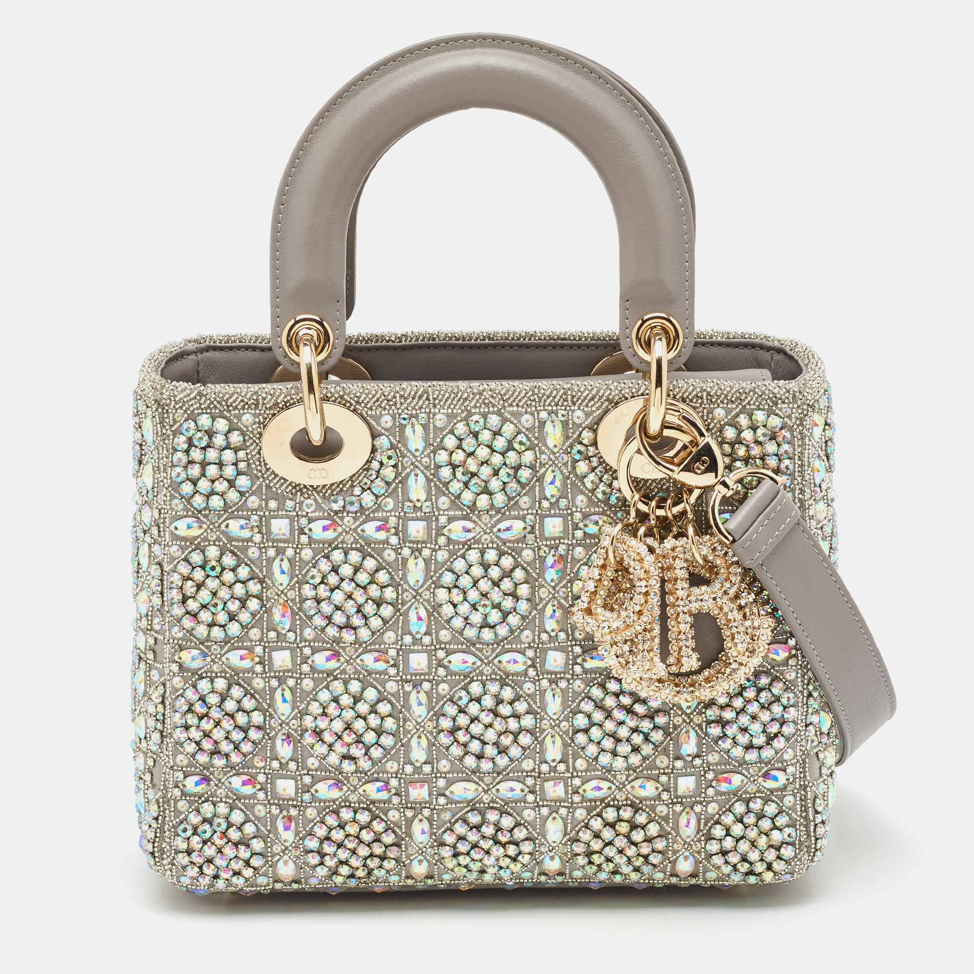 

Dior Light Grey Leather and Satin Crystal Embellished Cannage Small Lady Dior Tote