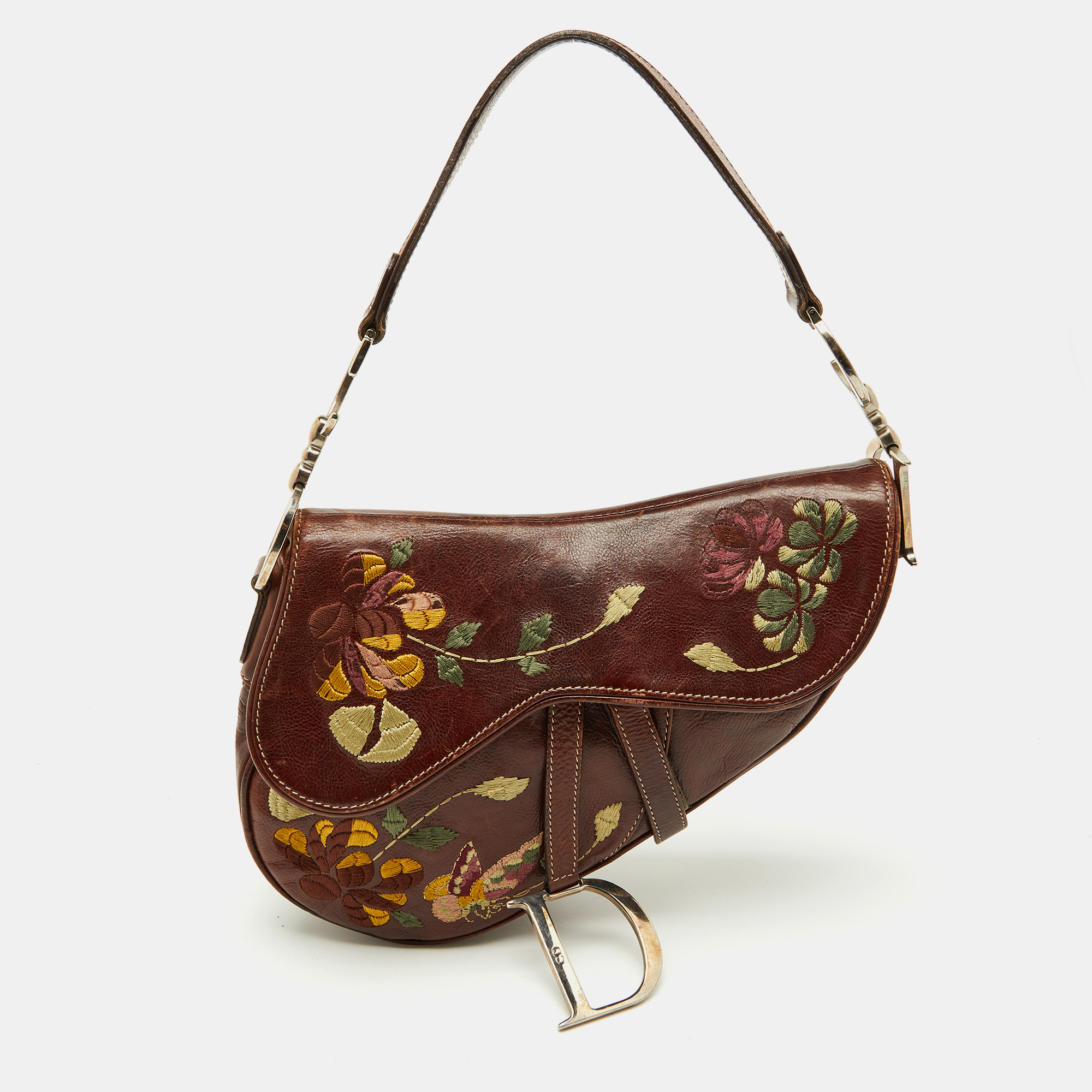 

Dior Brown Leather Floral Embroidered Saddle Bag