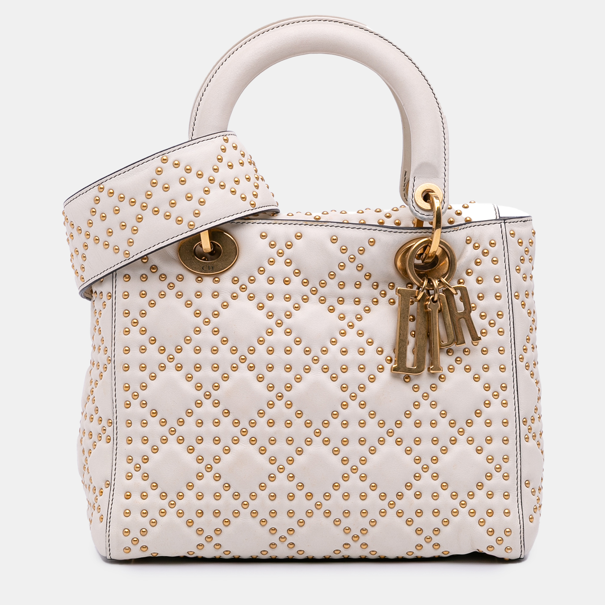 

Dior White Medium Lambskin Cannage Studded Supple Lady Dior