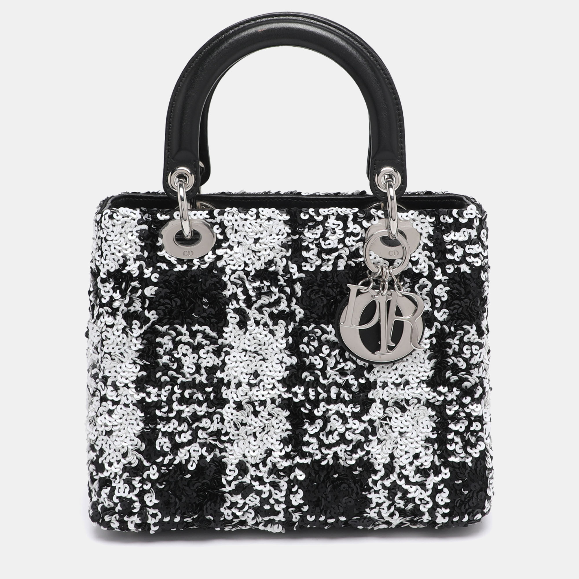Dior Black/White Sequins and Leather Medium Lady Dior Tote