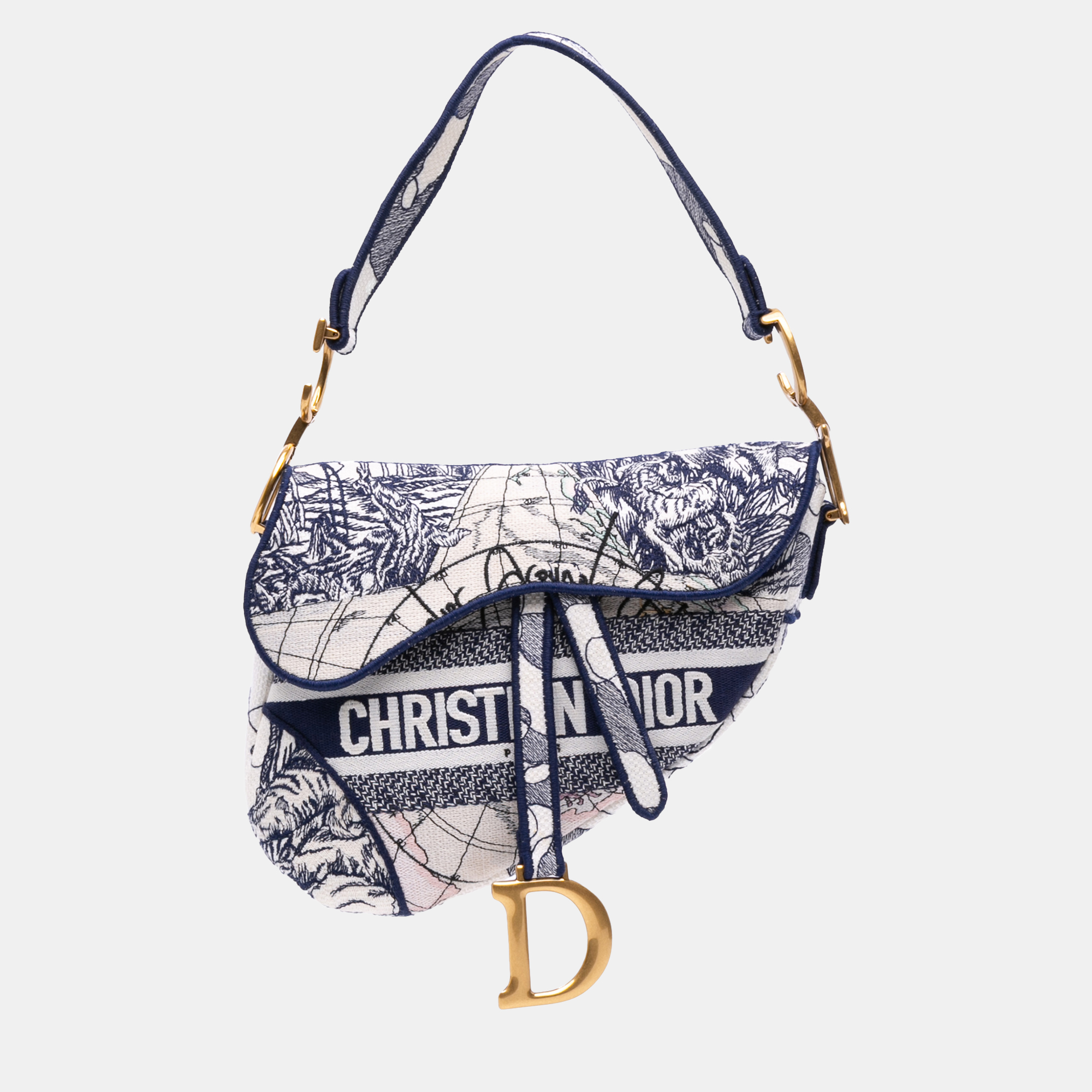 Pre-owned Dior Blue Canvas Embroidered Around The World Saddle Bag