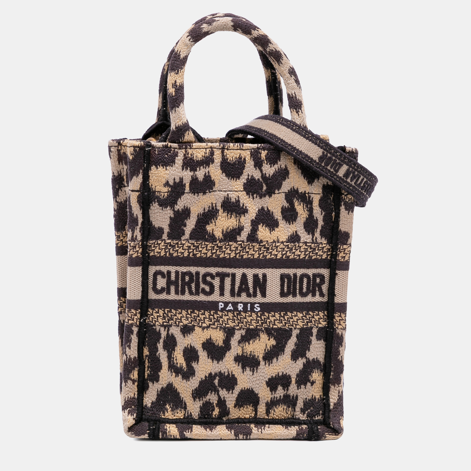 Pre-owned Dior Brown Mizza Mini Embroidered Canvas Leopard Vertical Book Tote