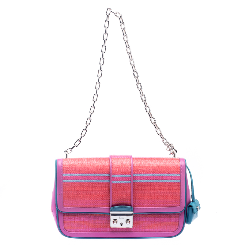 Dior Pink/Orange Raffia and Leather Miss Dior Medium Flap Bag