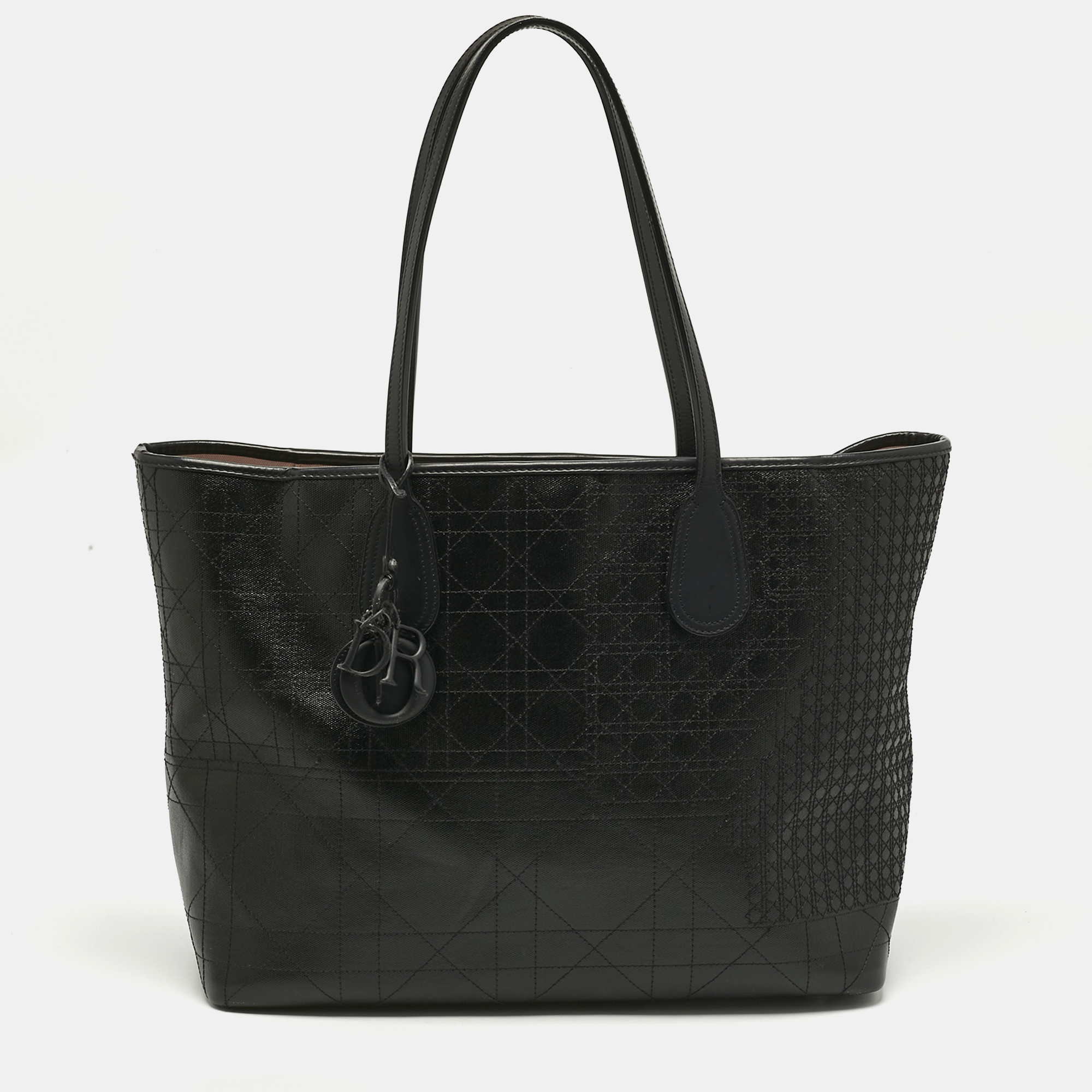 Pre-owned Dior Black Cannage Coated Canvas And Leather Medium New Panarea Shopper Tote