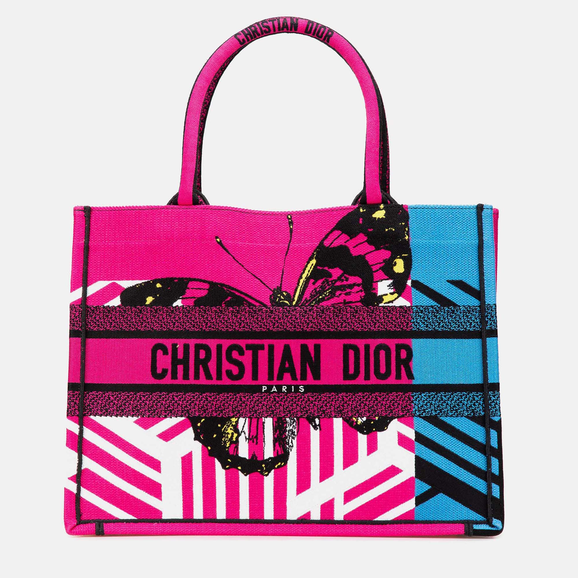 Pre-owned Dior Butterfly D Jungle Pop Book Tote Medium Pink Embroidered Canvas Tote Bag In Blue