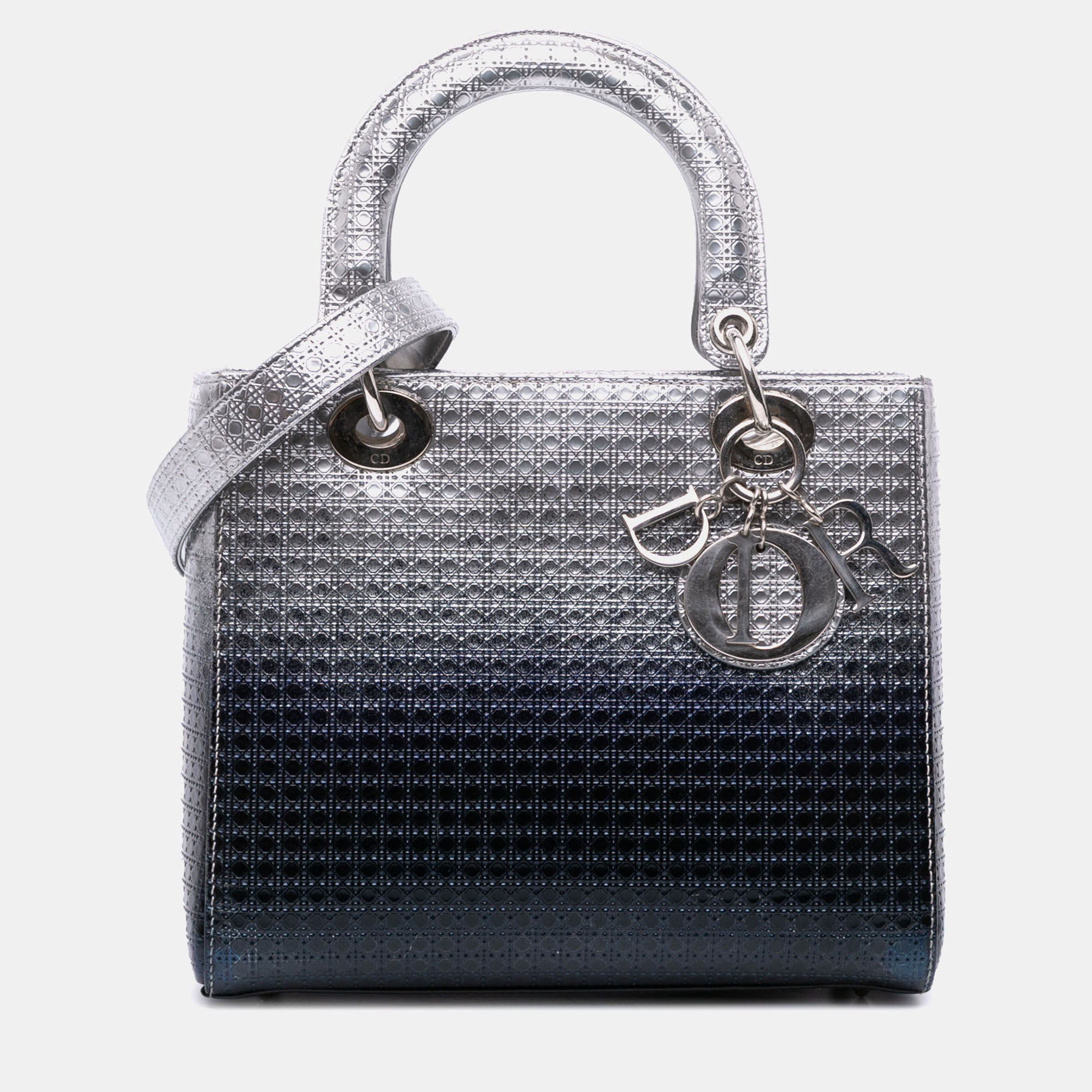 

Dior Silver Medium Ombre Metallic Patent Microcannage Lady Dior