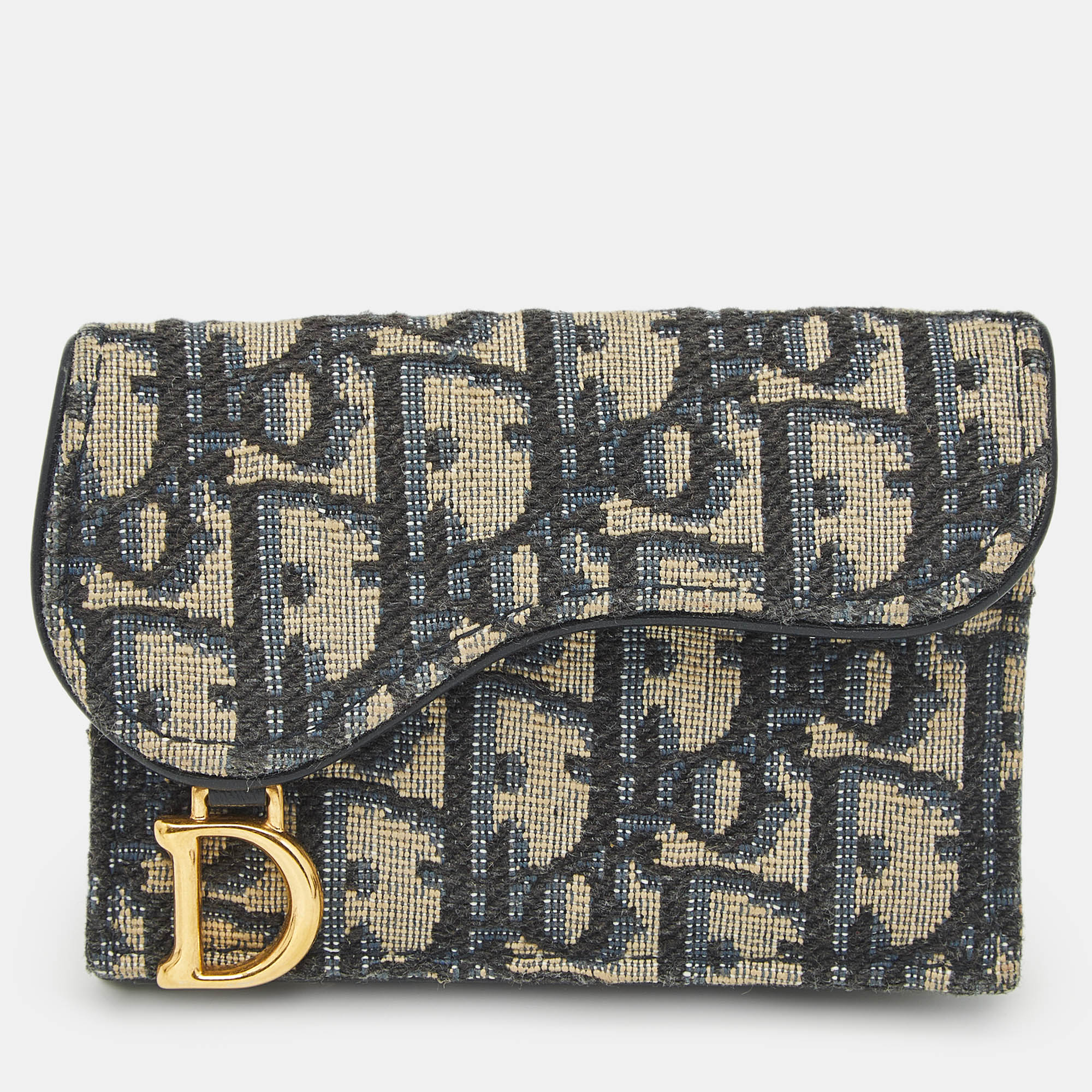 Pre-owned Dior Navy Blue Oblique Canvas Saddle 5 Gusset Card Holder