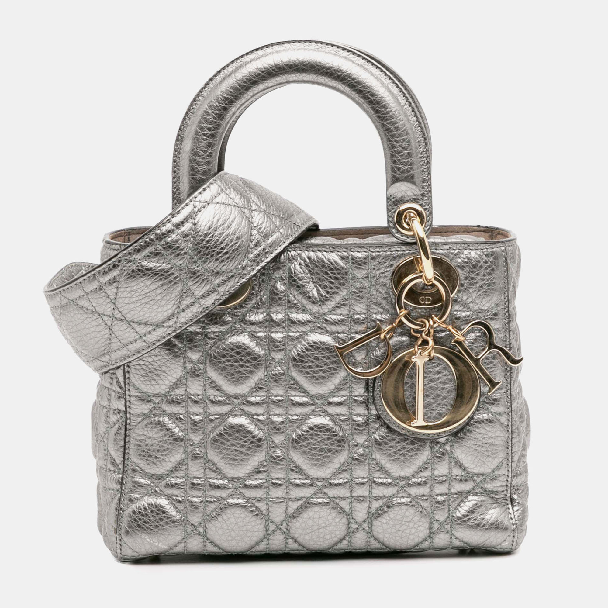 

Dior Silver Small Metallic Grained Calfskin Cannage Supple Lady Dior