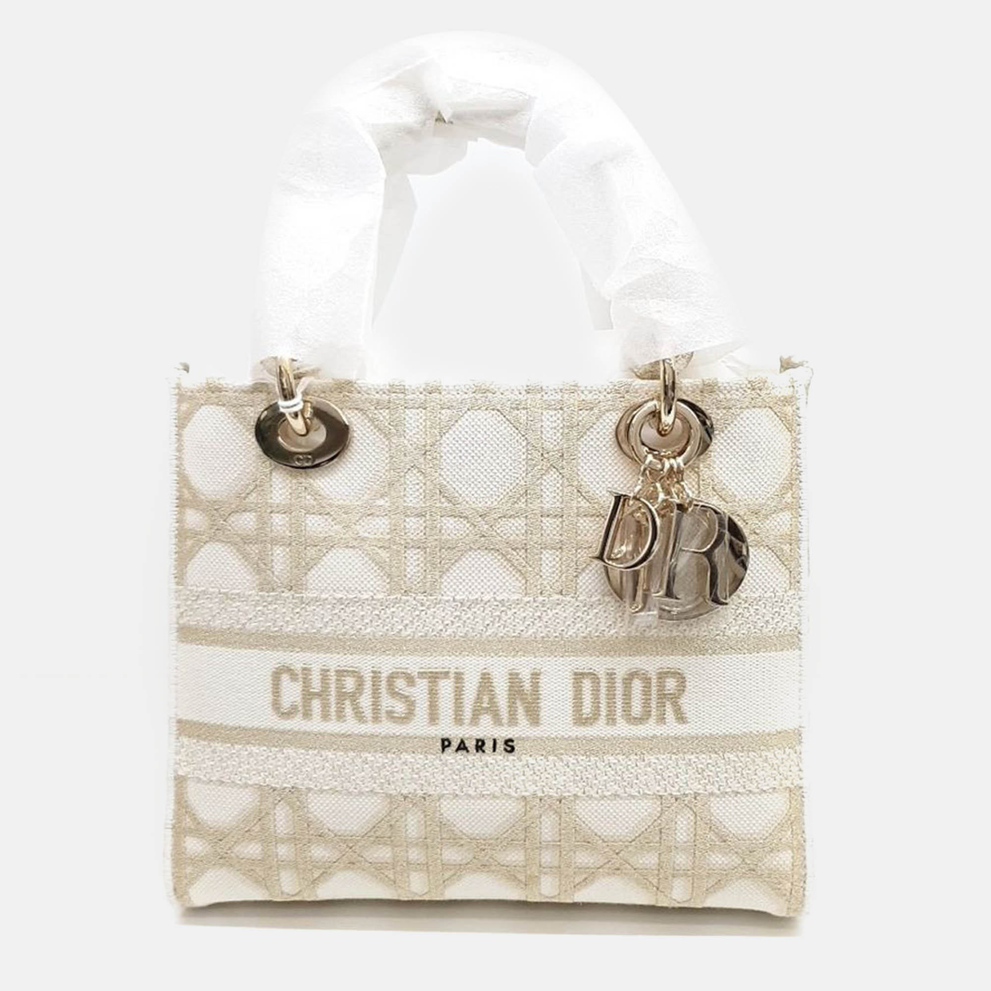 

Dior Gold/White Fabric Medium D-LITE Lady Bag