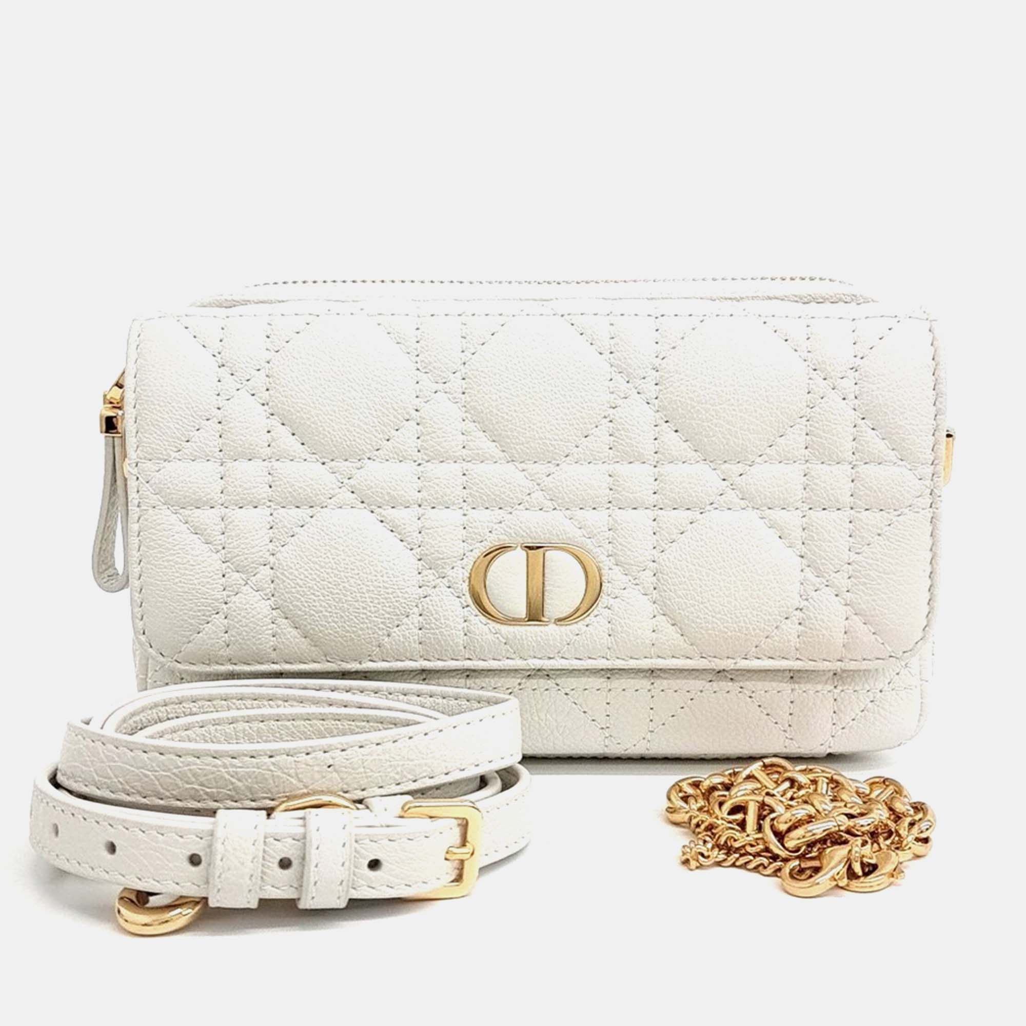 

Dior White Leather Caro Chain Pouch Bag