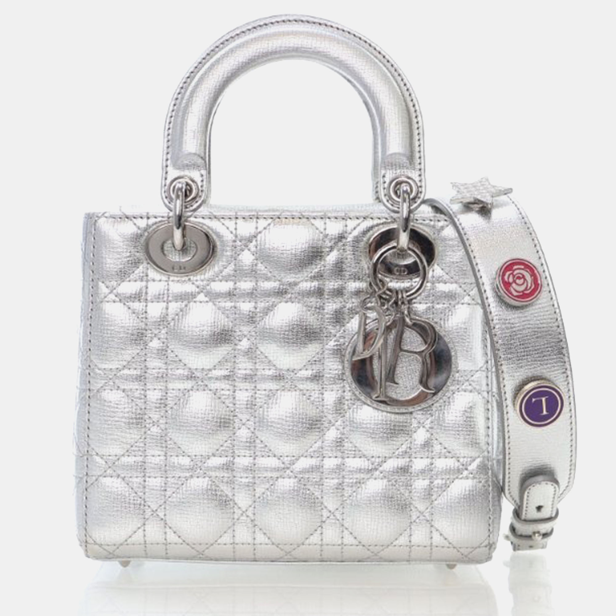 

Christian Dior My Lady Dior Small Lucky Badges Calfskin Handbag, Silver