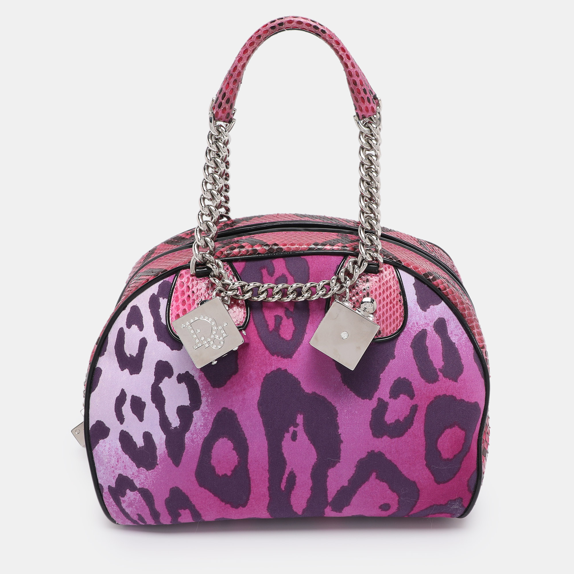 Pre-owned Dior Multicolor Animal Print Canvas And Python Gambler Dice Satchel