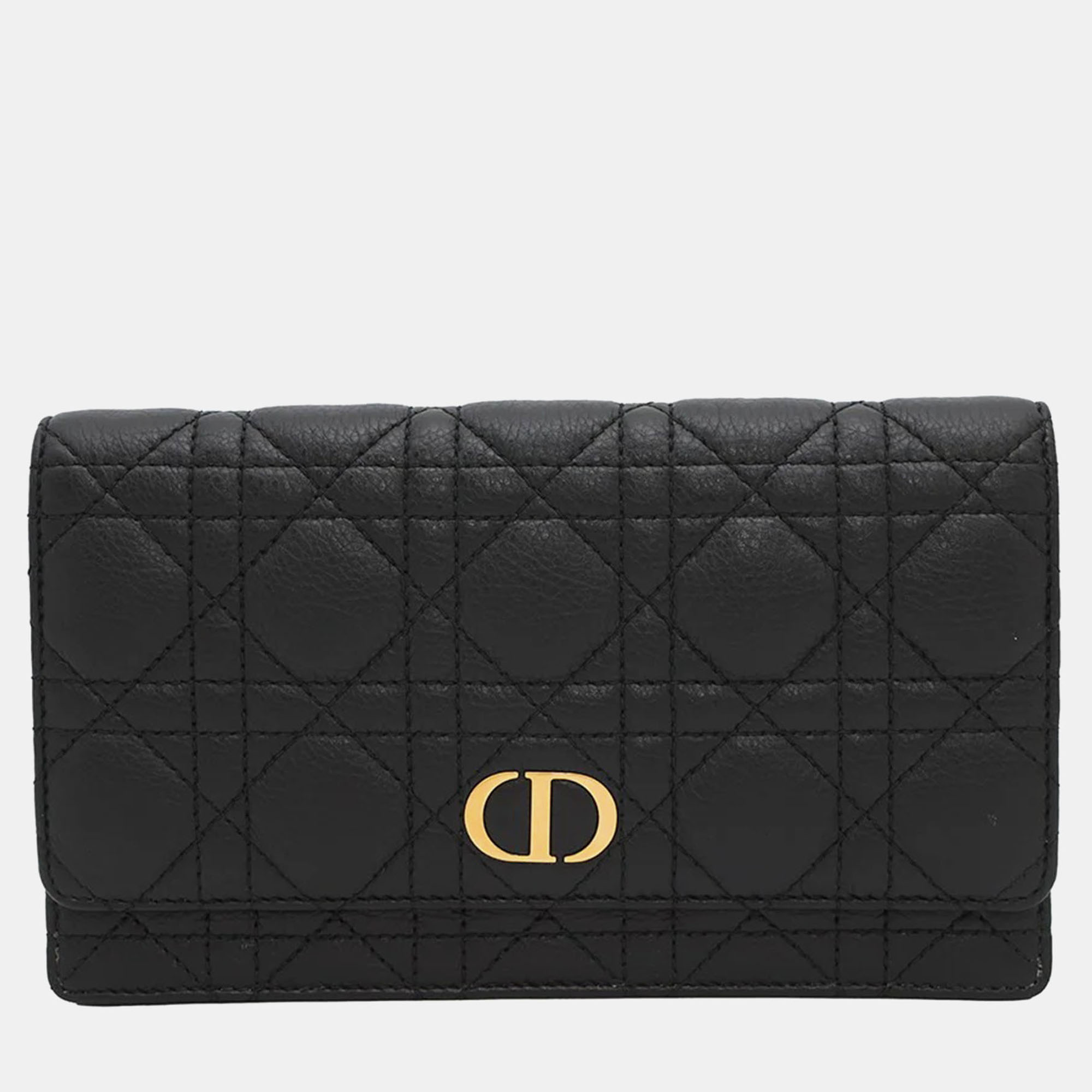 Pre-owned Dior Caro Canage Chain Wallet Black Leather