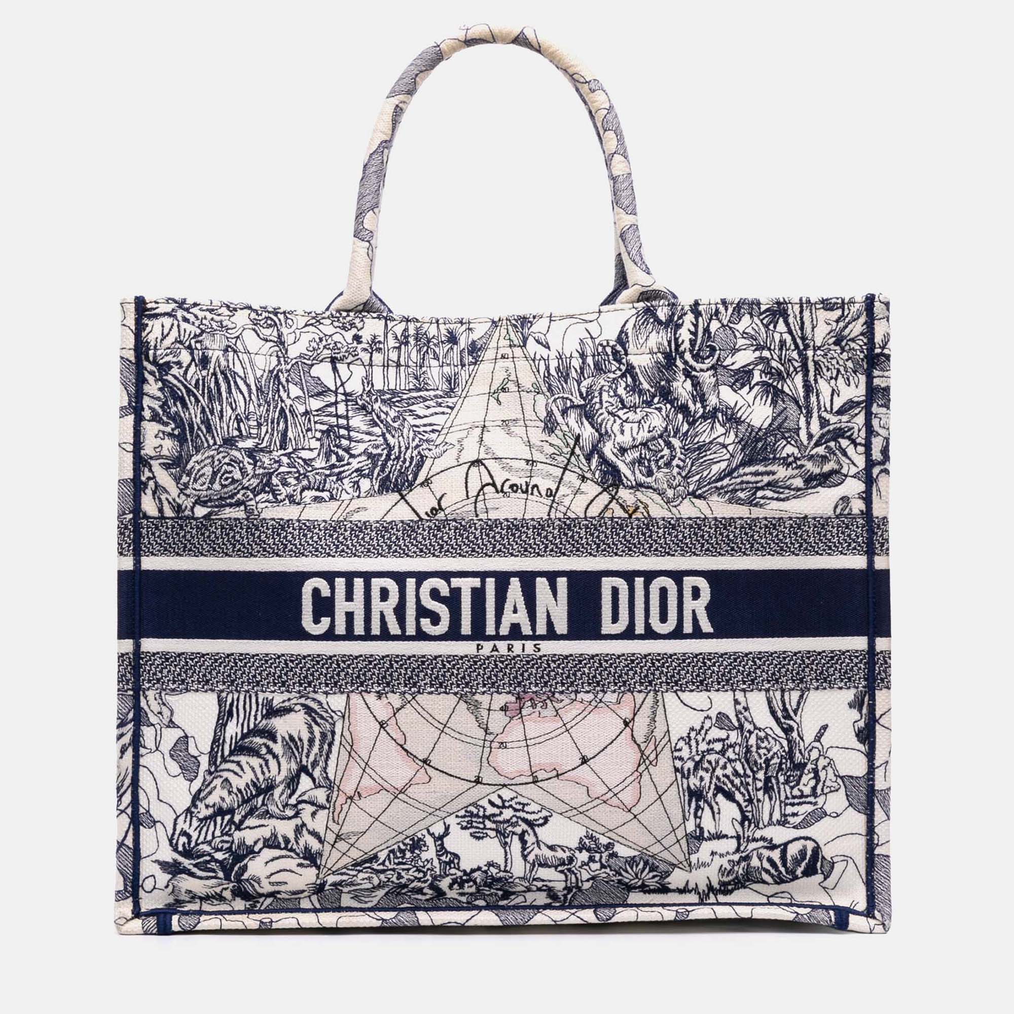 

Dior Navy Blue/White Large Canvas Embroidered Around The World Book Tote