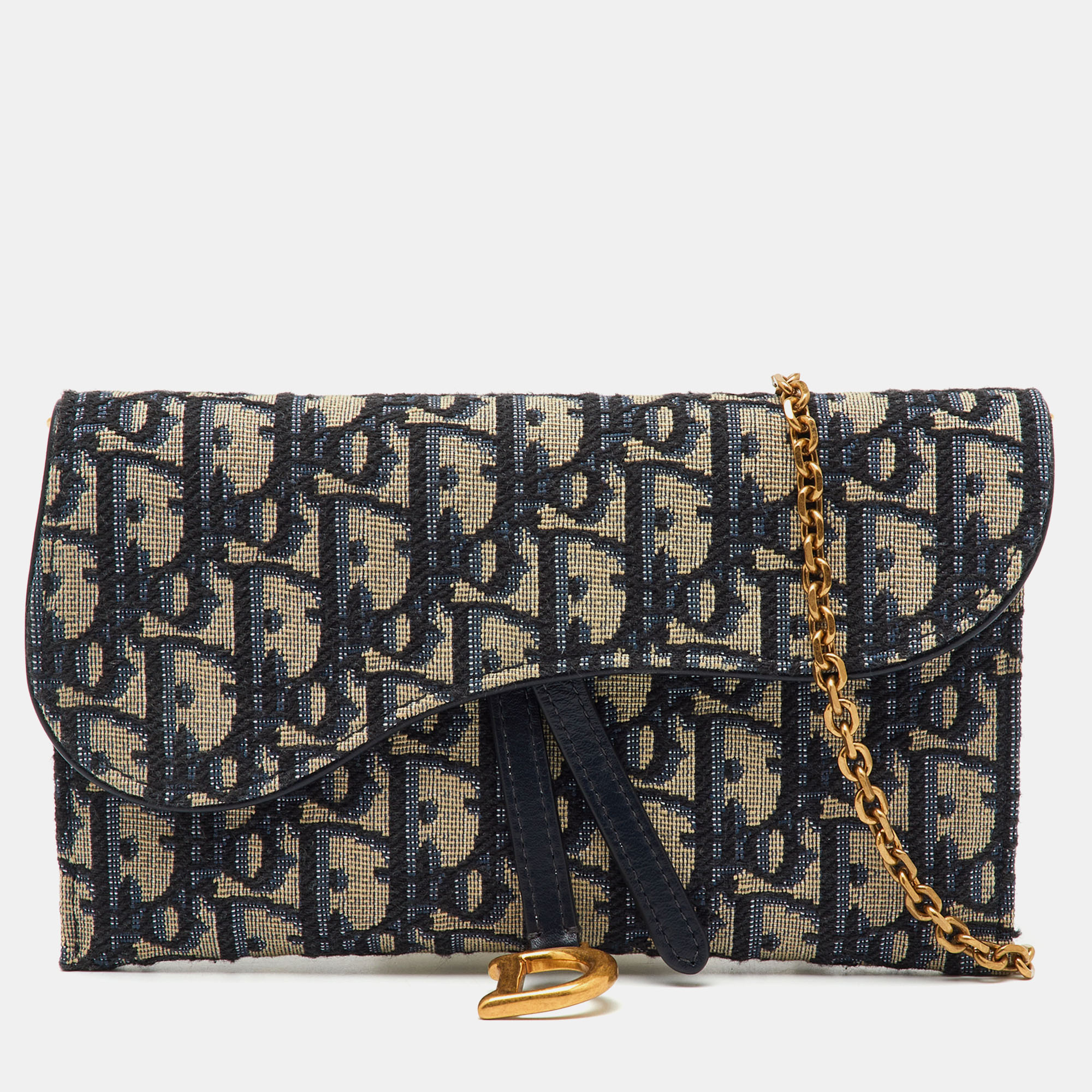 Pre-owned Dior Navy Blue Oblique Canvas And Leather Saddle Wallet On Chain