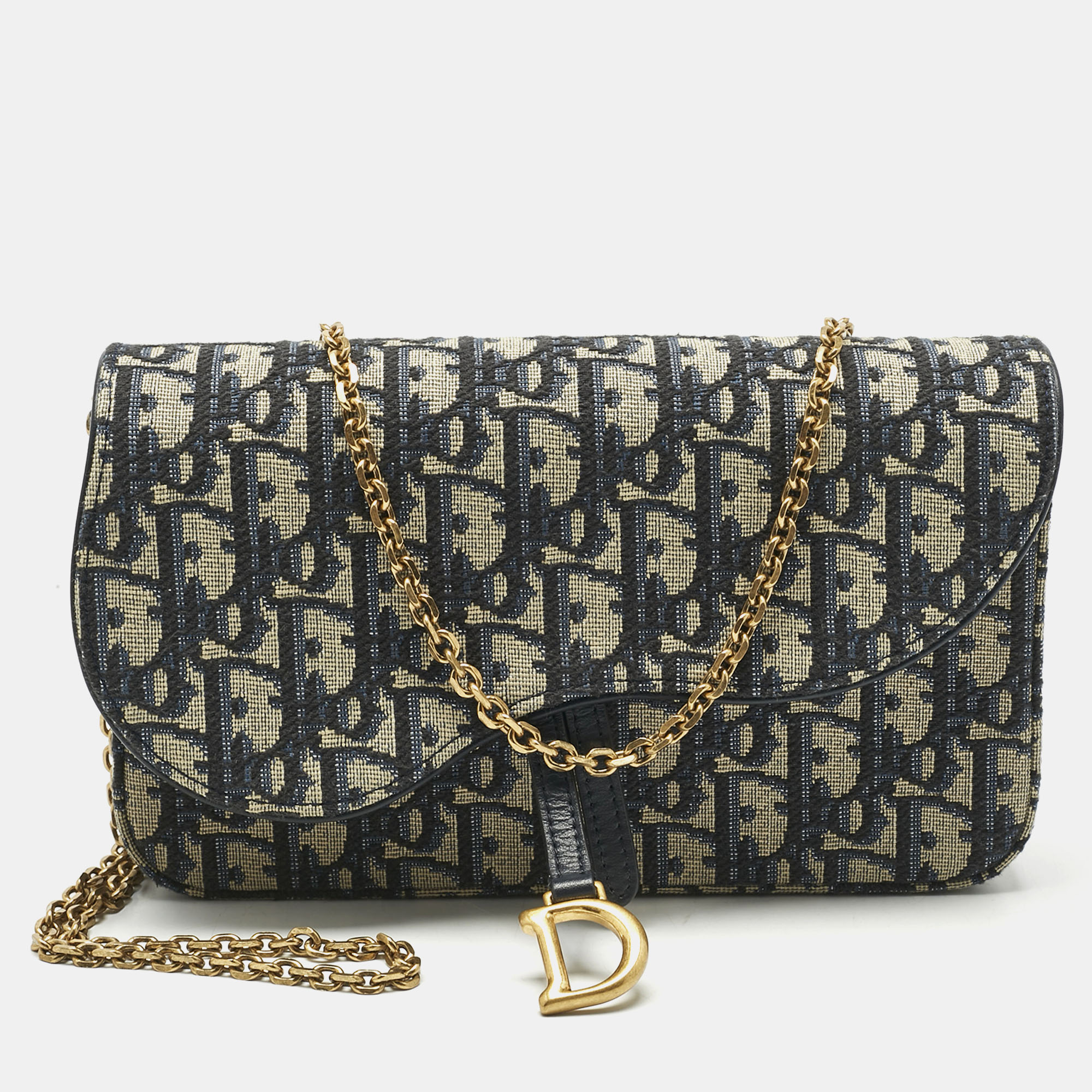 

Dior Navy Blue/Beige Oblique Canvas Medium Saddle Chain Pouch