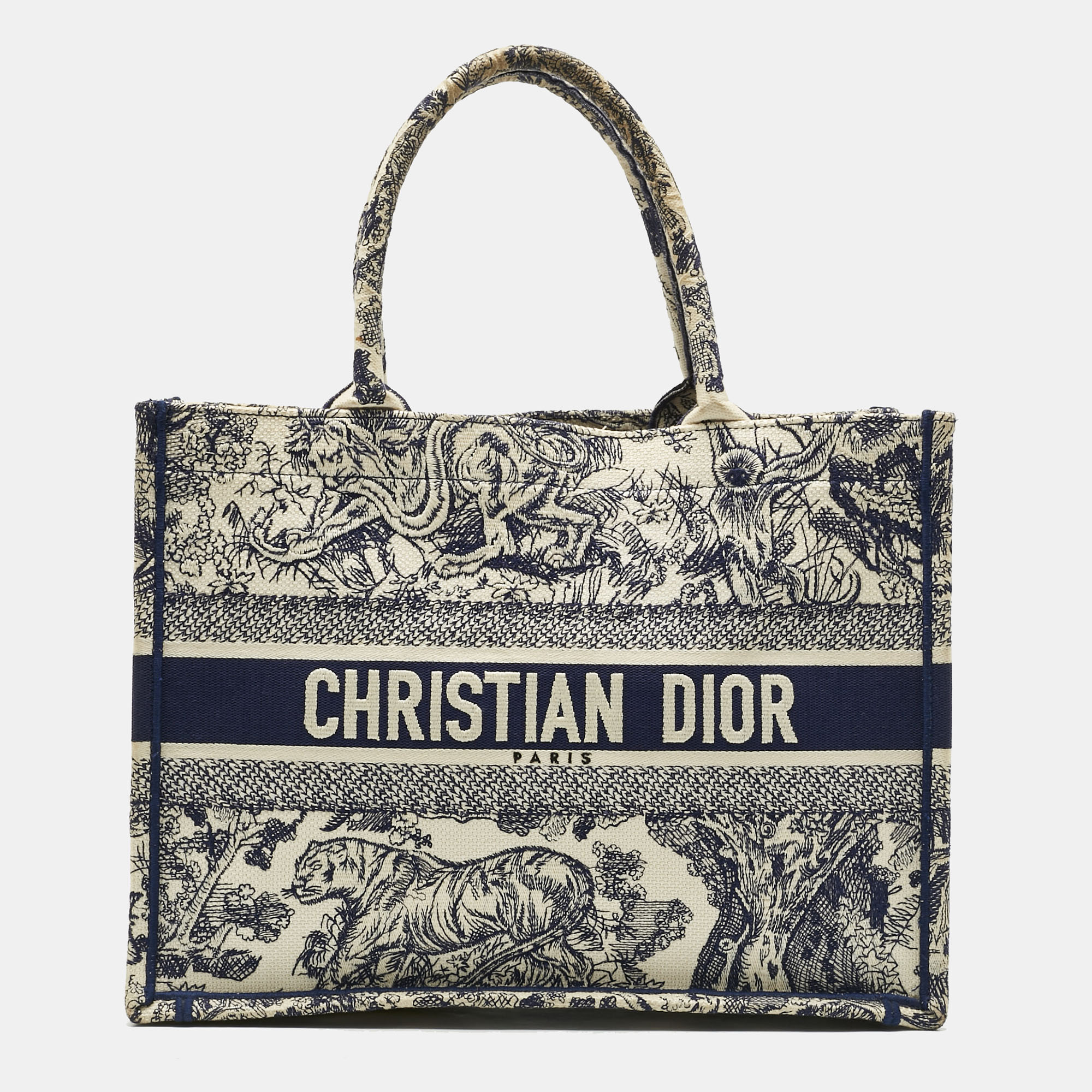 Pre-owned Dior Blue/beige Toile De Jouy Embroidered Canvas Medium Book Tote