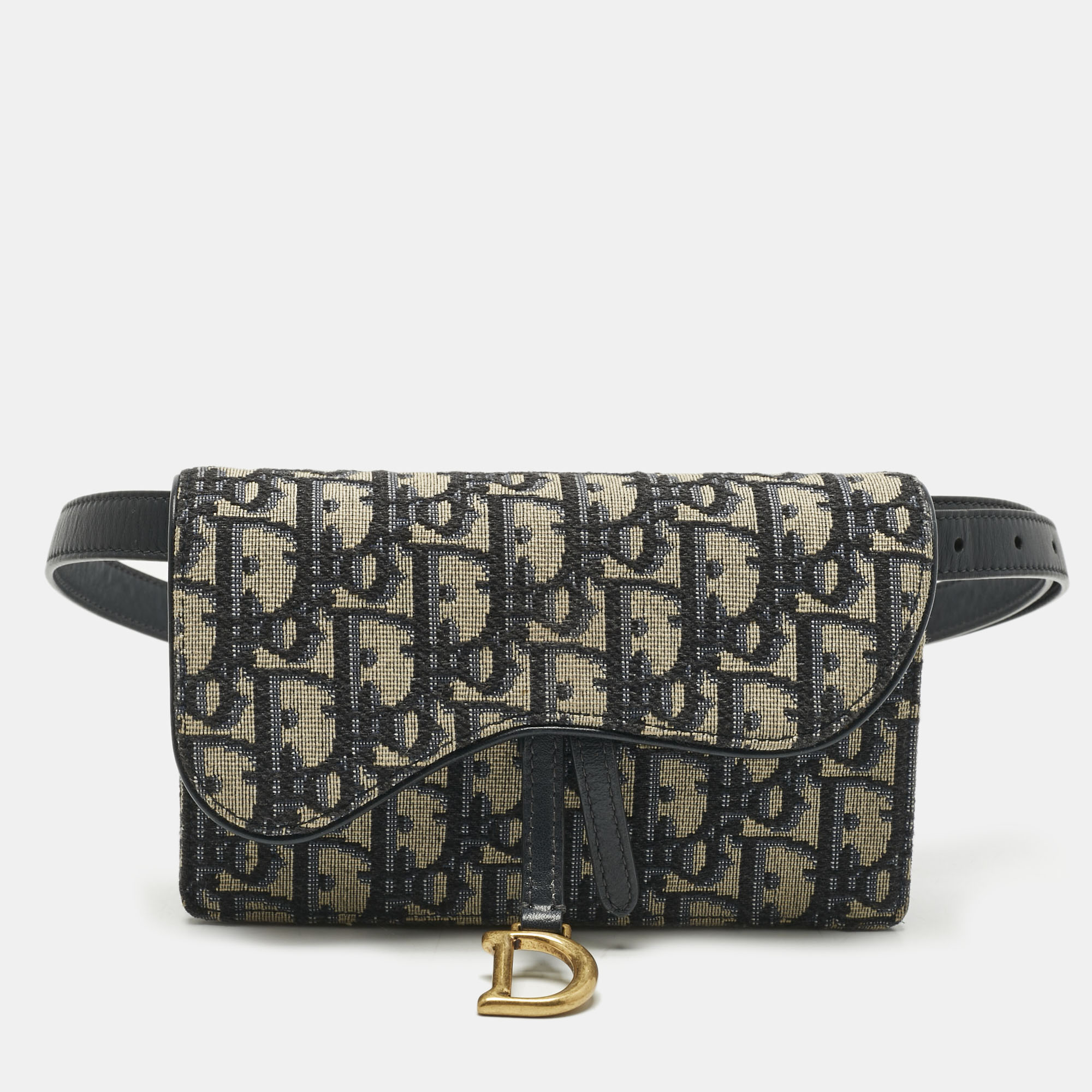 Pre-owned Dior Blue Oblique Canvas And Leather Saddle Pouch Belt Bag