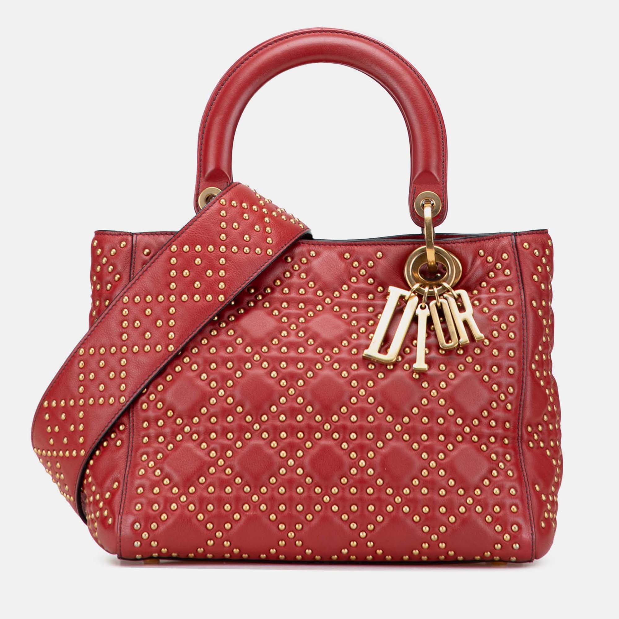 

Dior Red Medium Lambskin Cannage Studded Supple Lady Dior