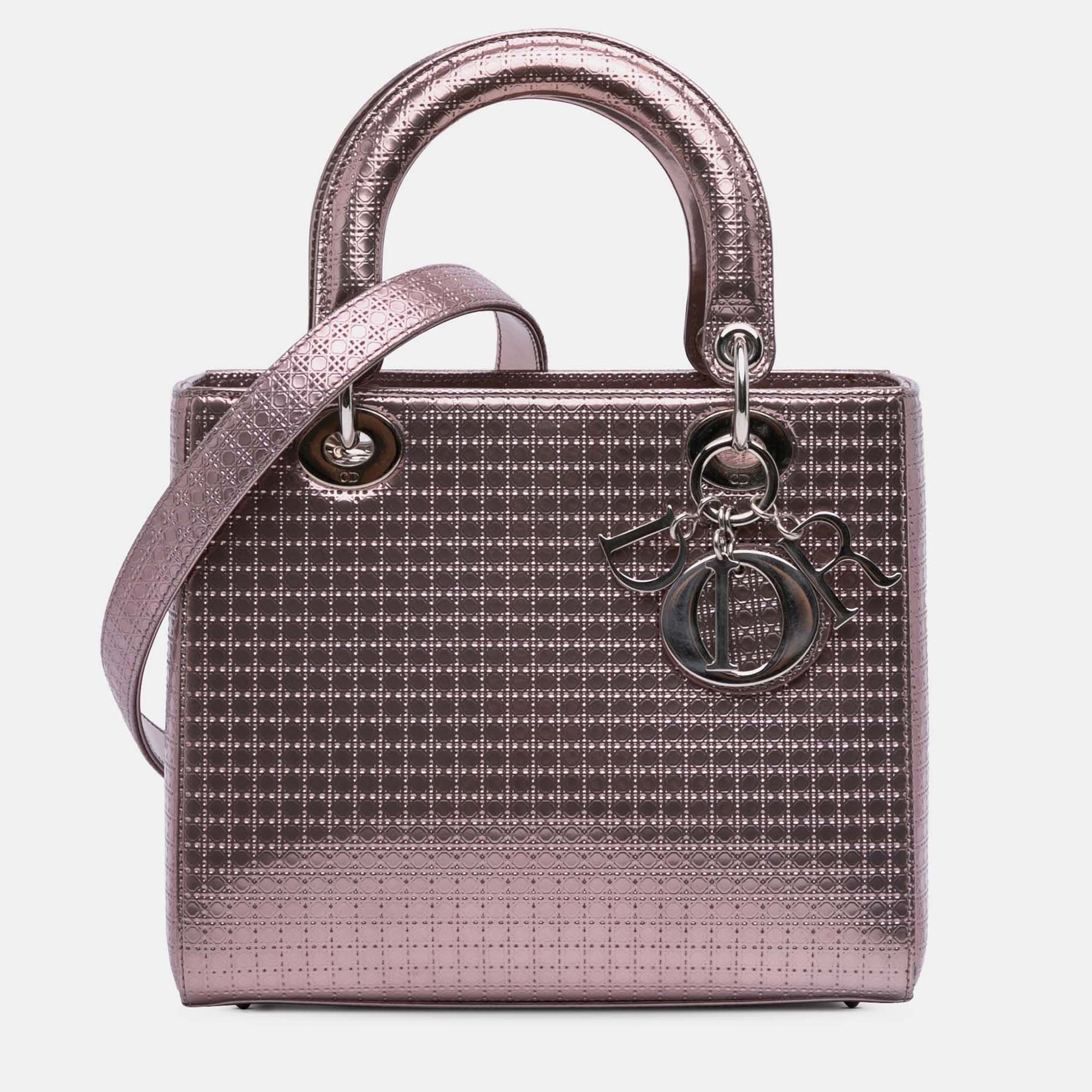 

Dior Pink Medium Metallic Patent Microcannage Lady Dior