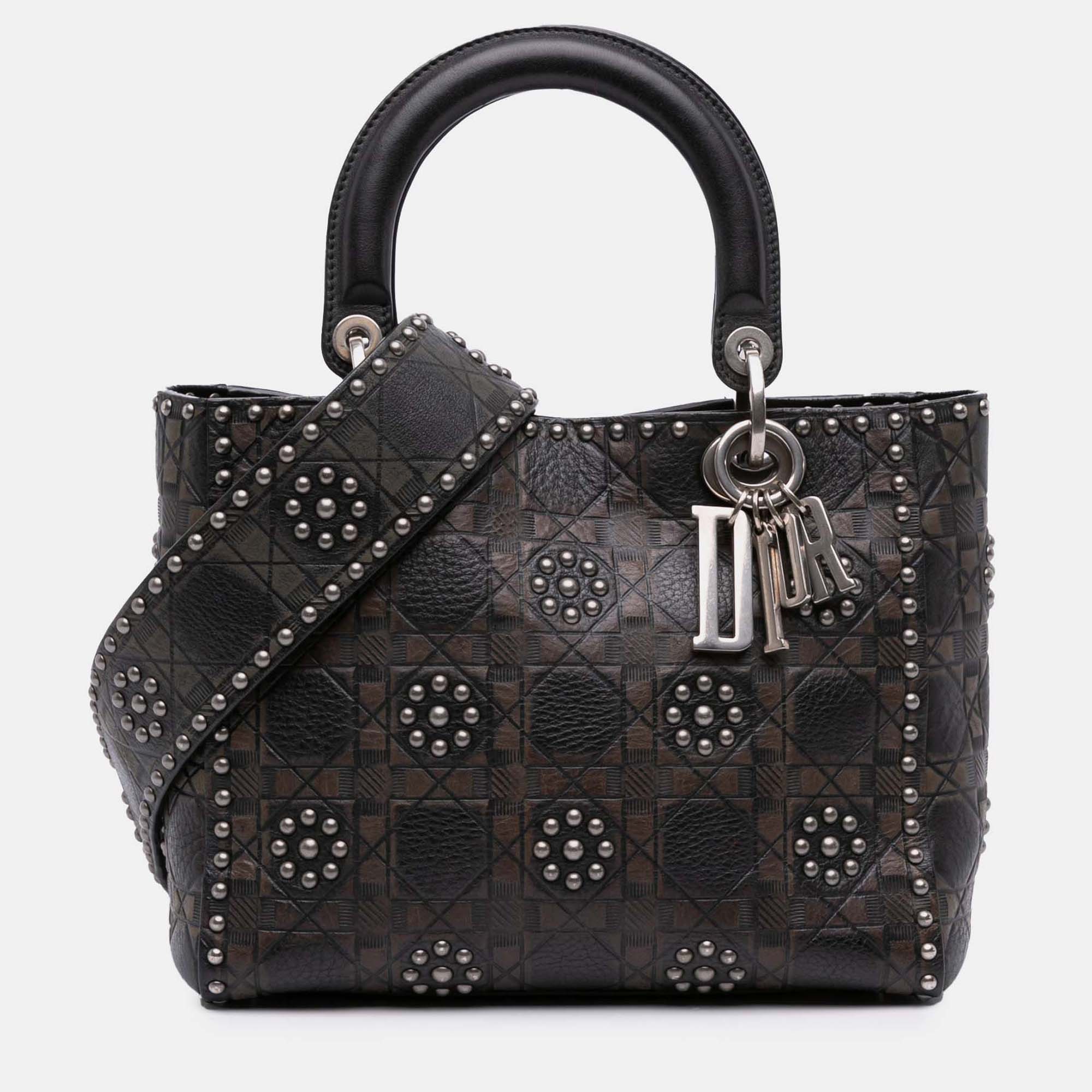 

Dior Brown Medium Calfskin Cannage Embossed Flower Studded Supple Lady Dior