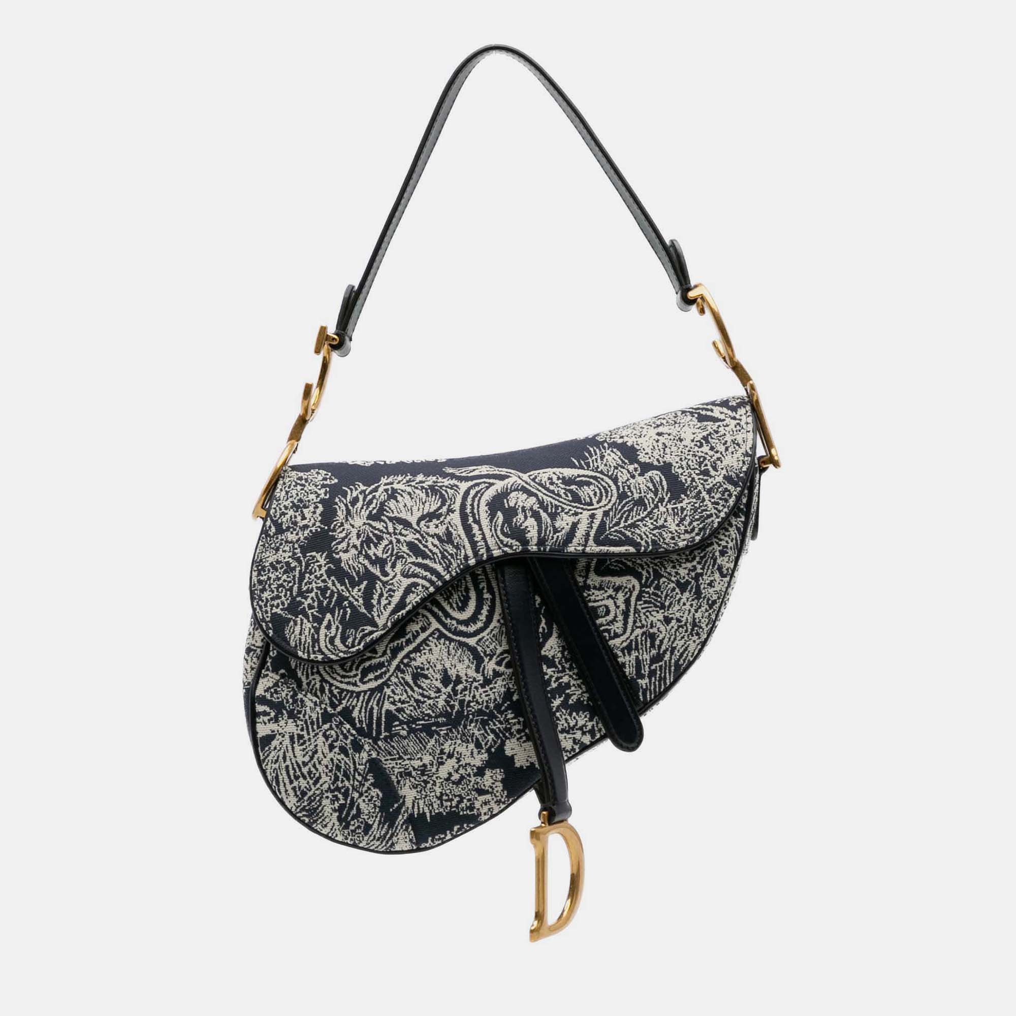 Pre-owned Dior Navy Blue Canvas Reverse Embroidered Toile De Jouy Saddle Bag