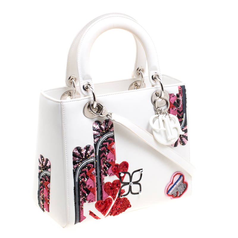 Dior White Leather Medium Sequin Embellished Lady Dior Tote Dior | TLC