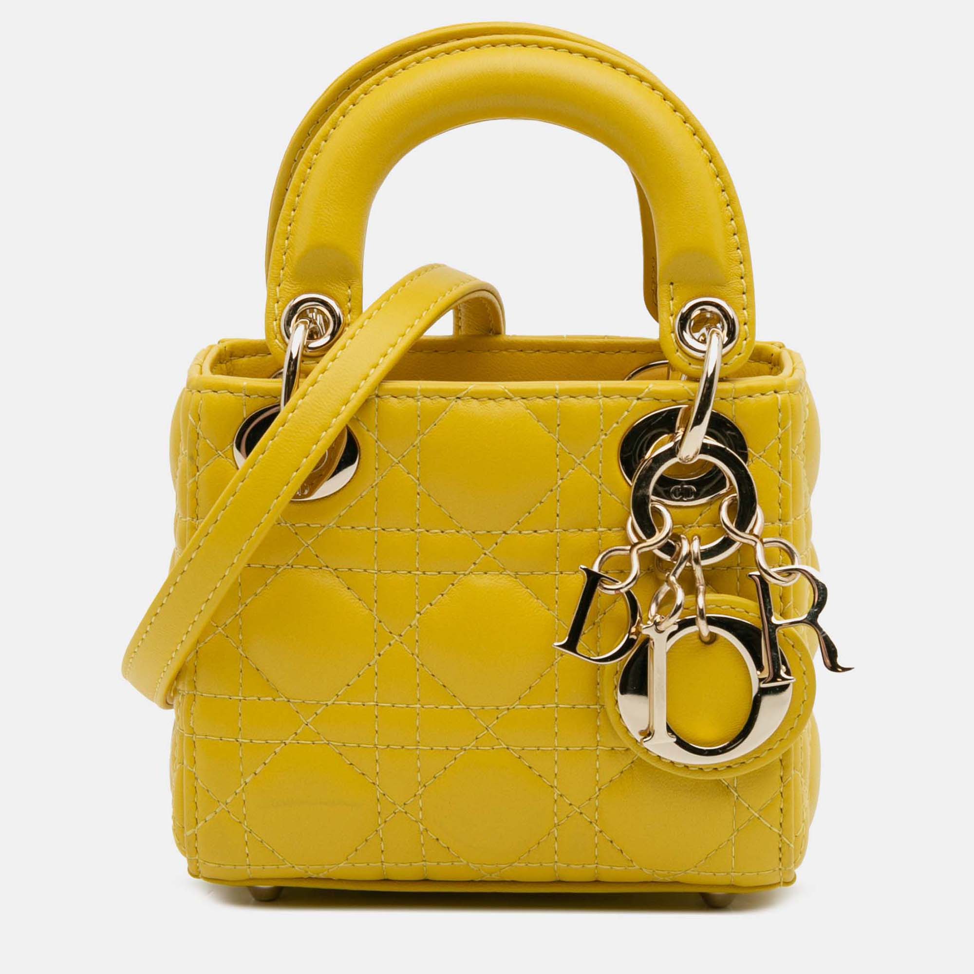 

Dior Yellow Micro Lambskin Cannage Lady Dior