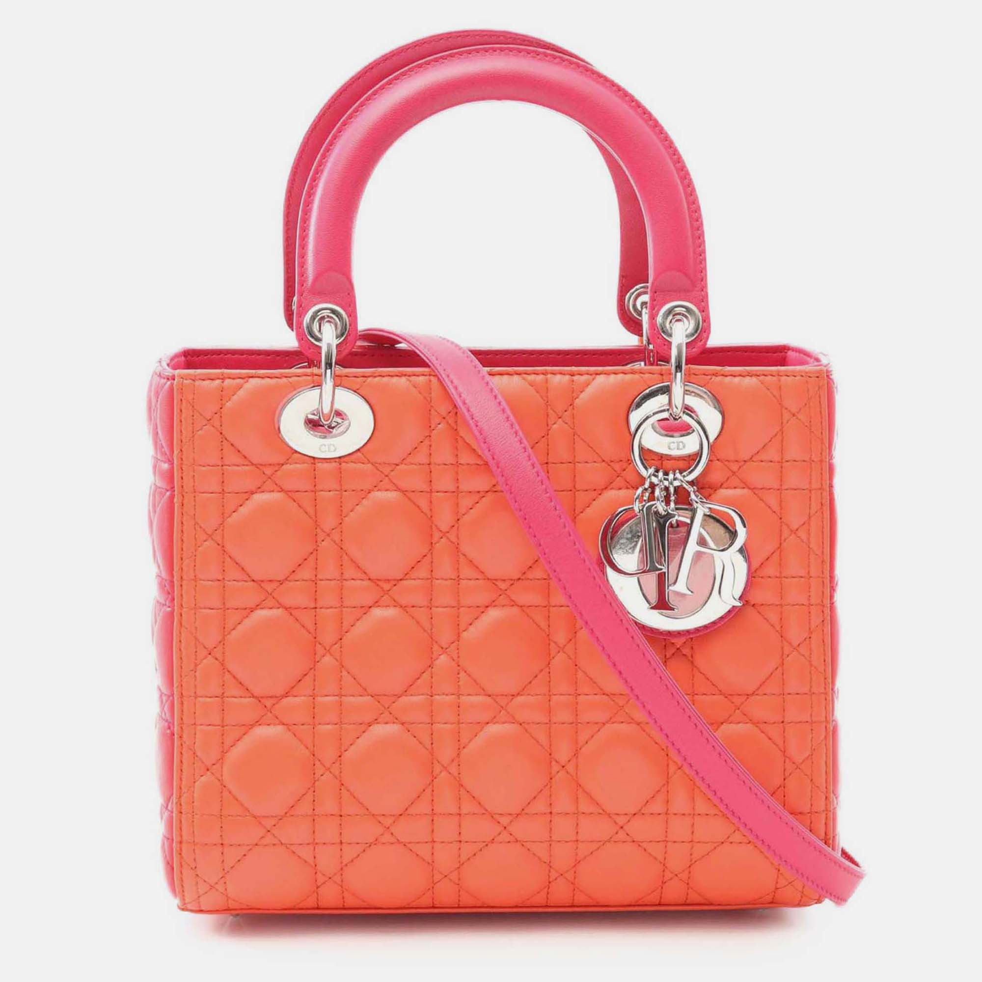 

Dior Orange Pink Medium Bicolor Lambskin Cannage Lady Dior