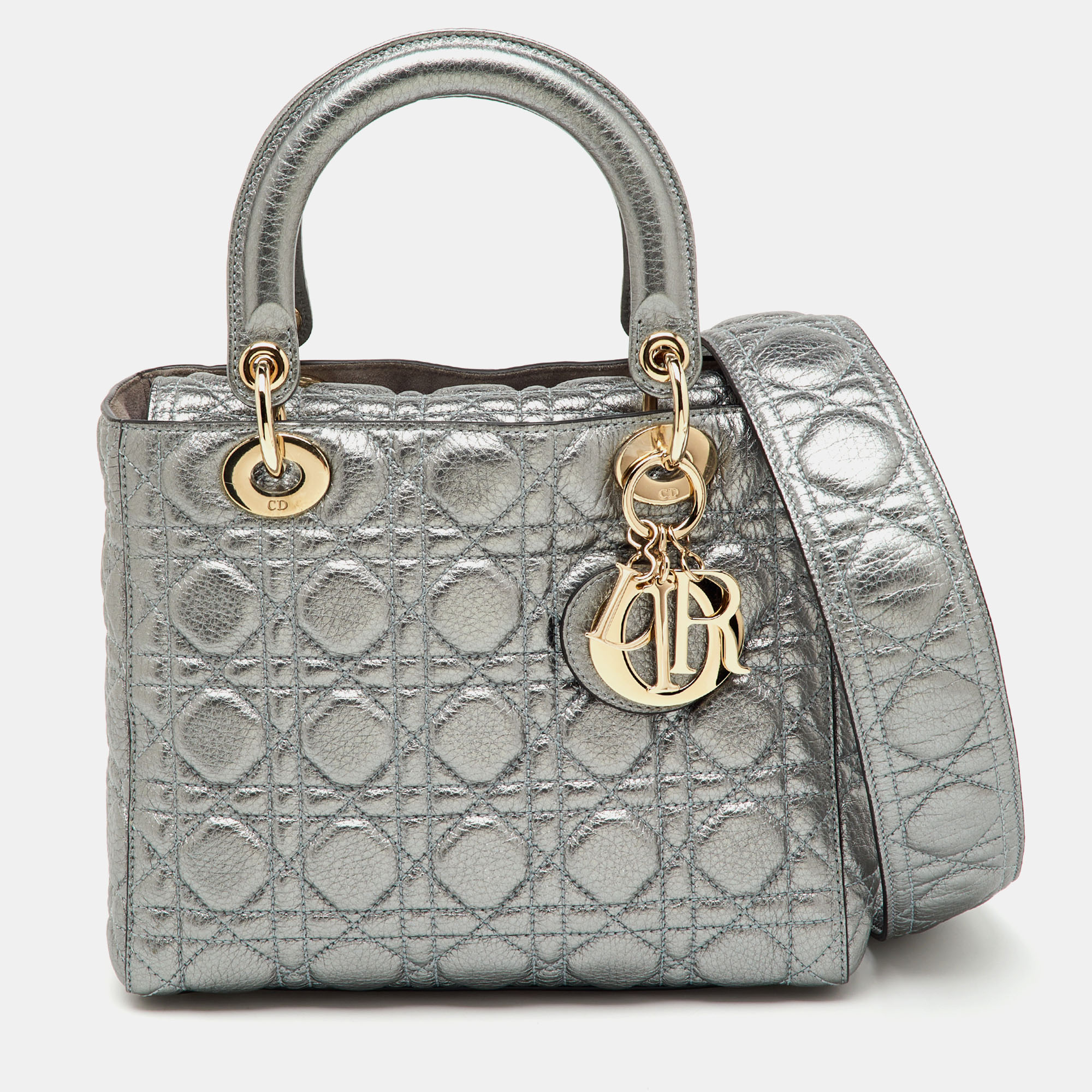 

Dior Metallic Grey Cannage Leather  Soft Lady Dior Tote