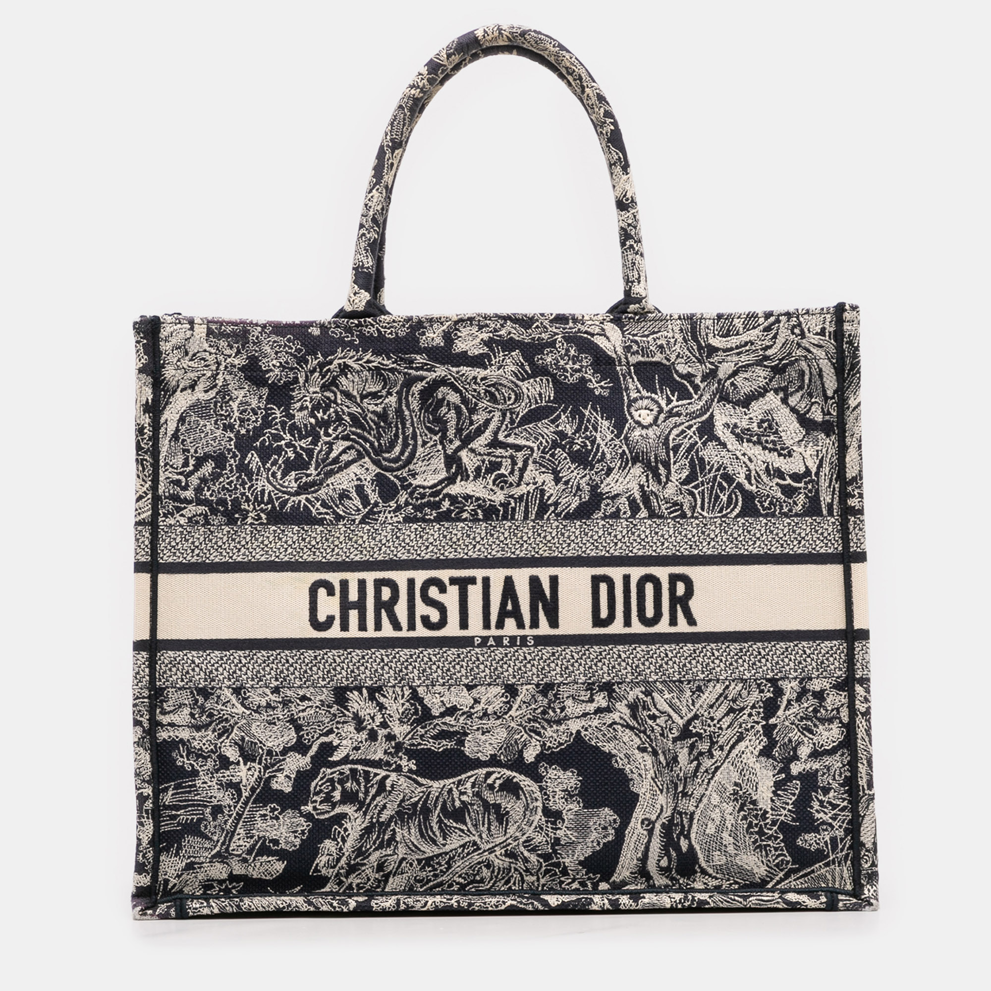 Pre-owned Dior Blue Large Canvas Toile De Jouy Reverse Embroidered Book Tote