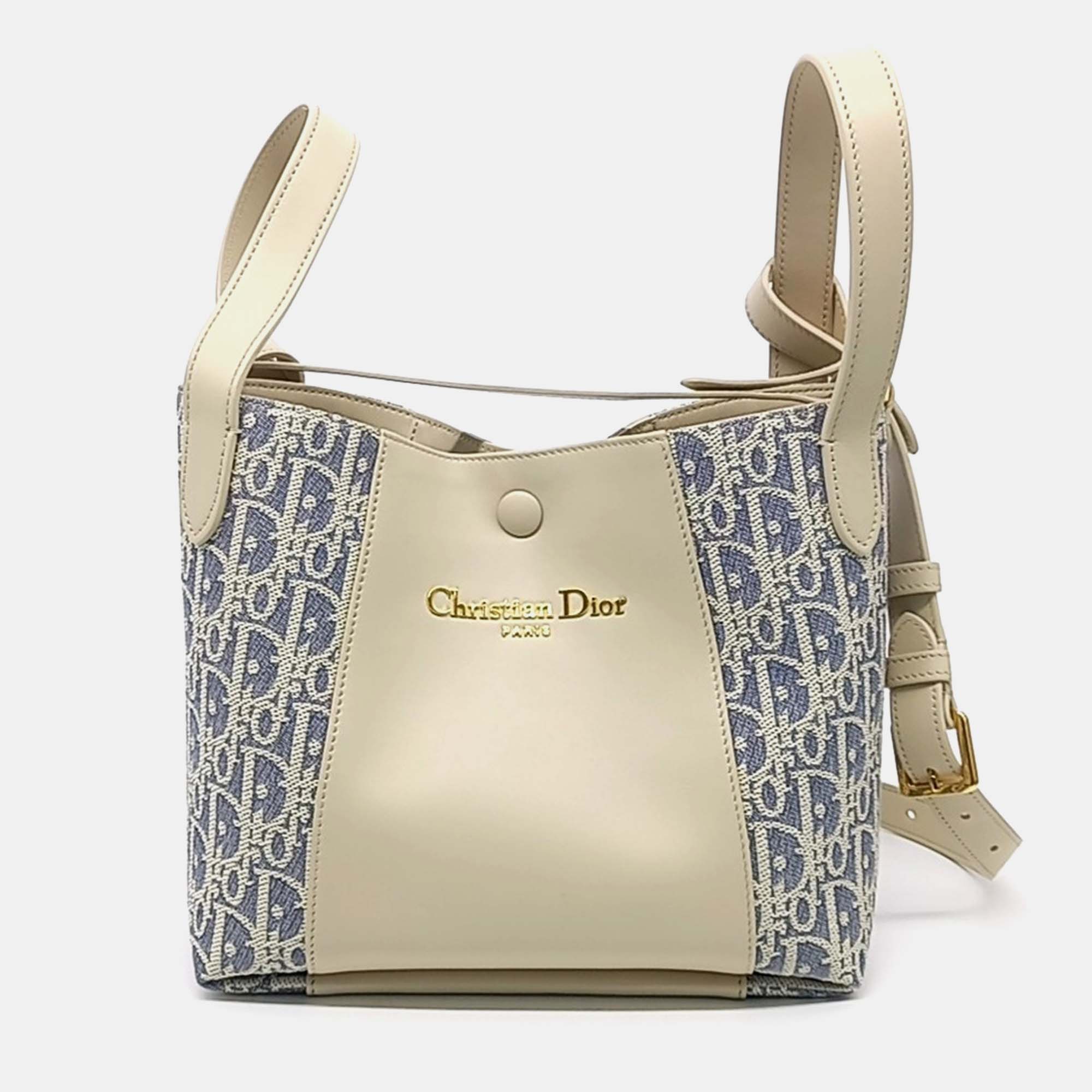 

Dior Beige/Blue Calf Leather Cotton Signature Bucket Bag
