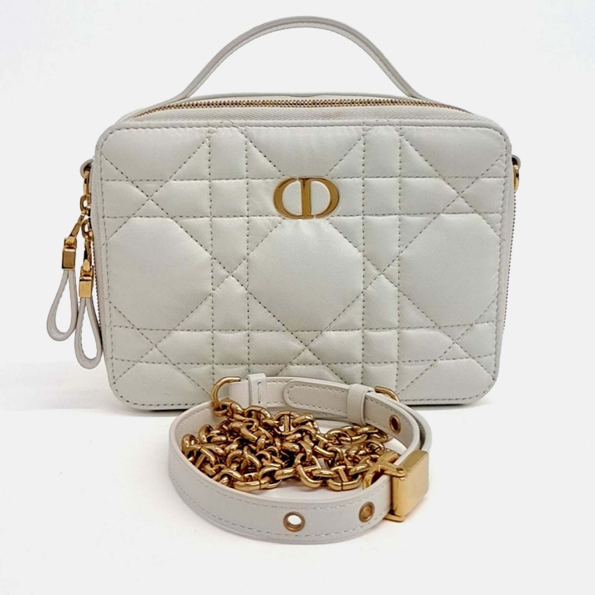Pre-owned Dior Cream Leather Caro Box Bag In White