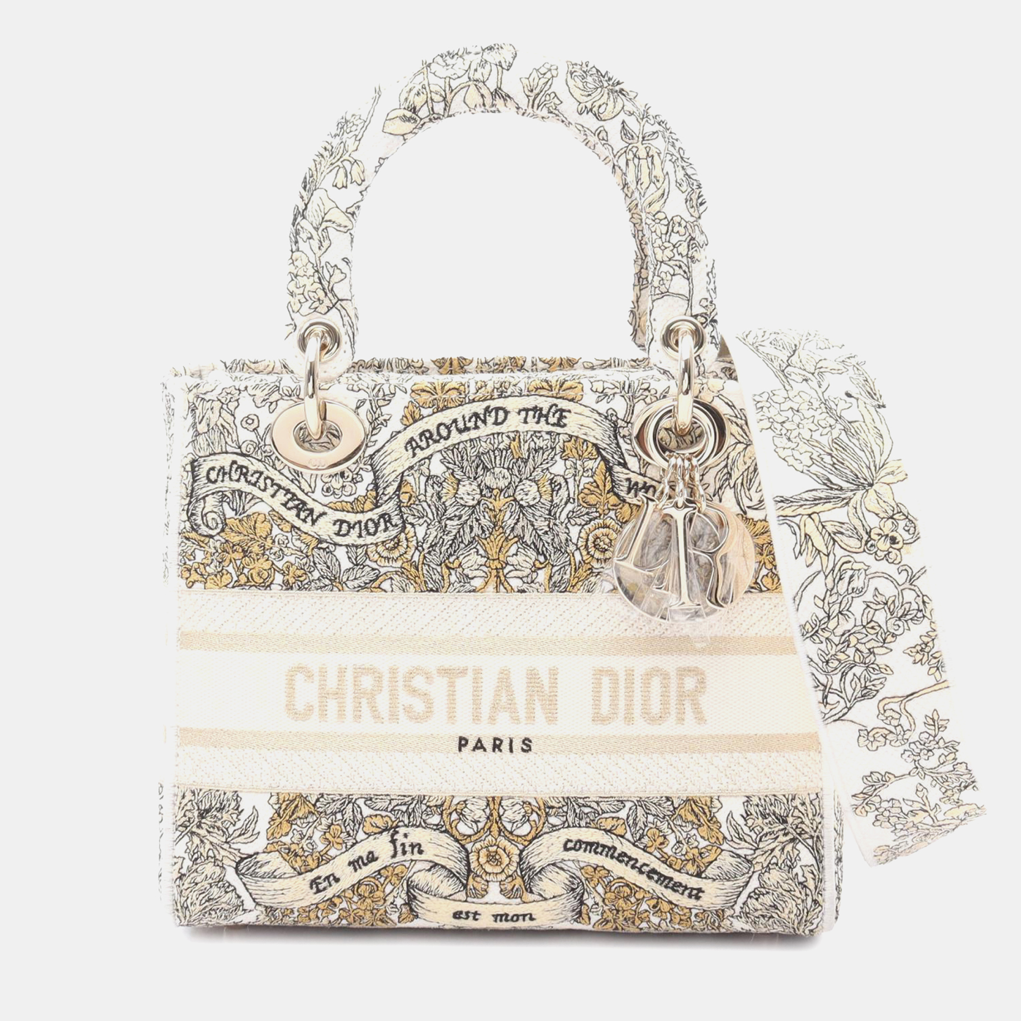 

Dior White Medium Embroidered Canvas Around The World Stella Lady D-Lite