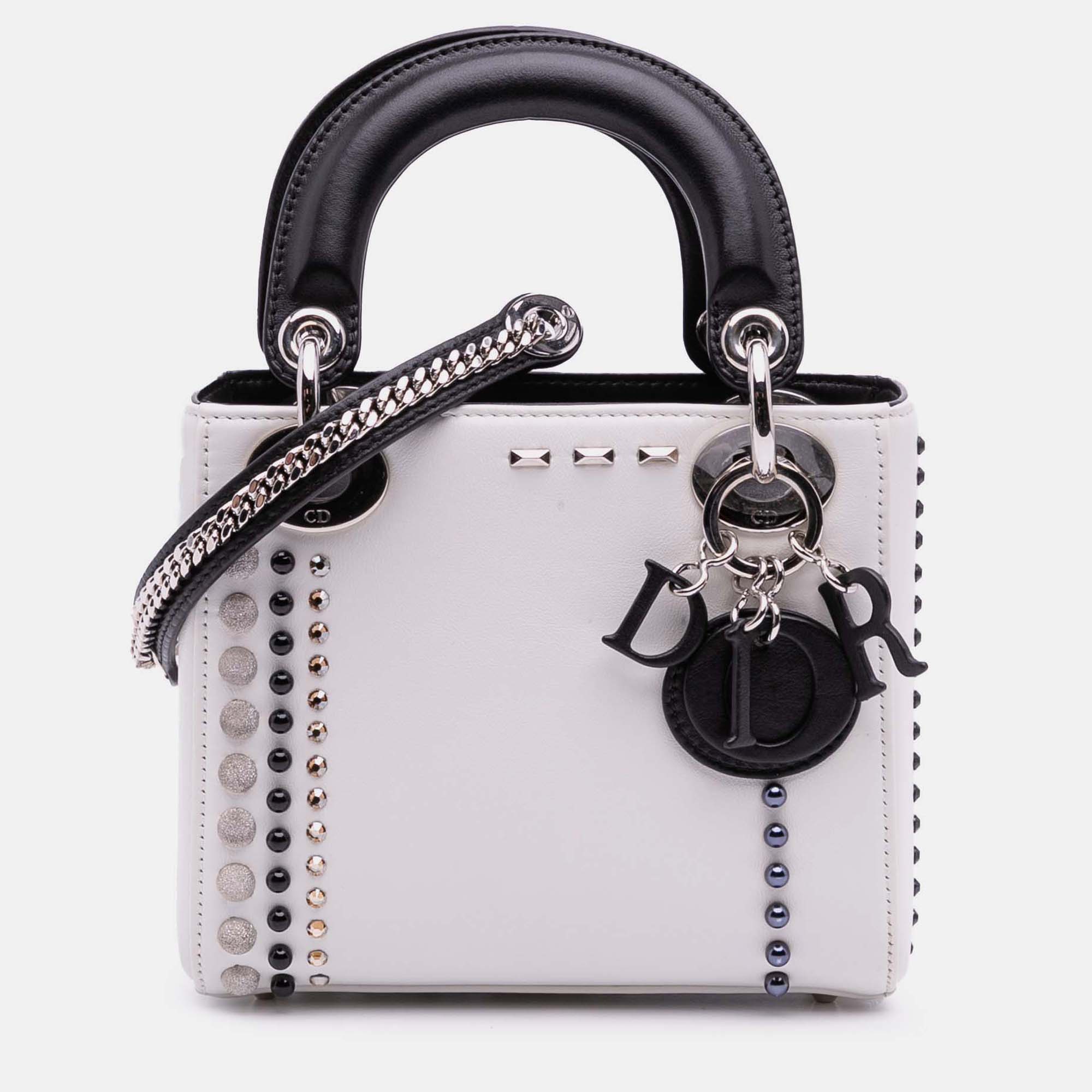 

Dior Black White Mini Studded Lambskin Crystal Pearl Lady Dior