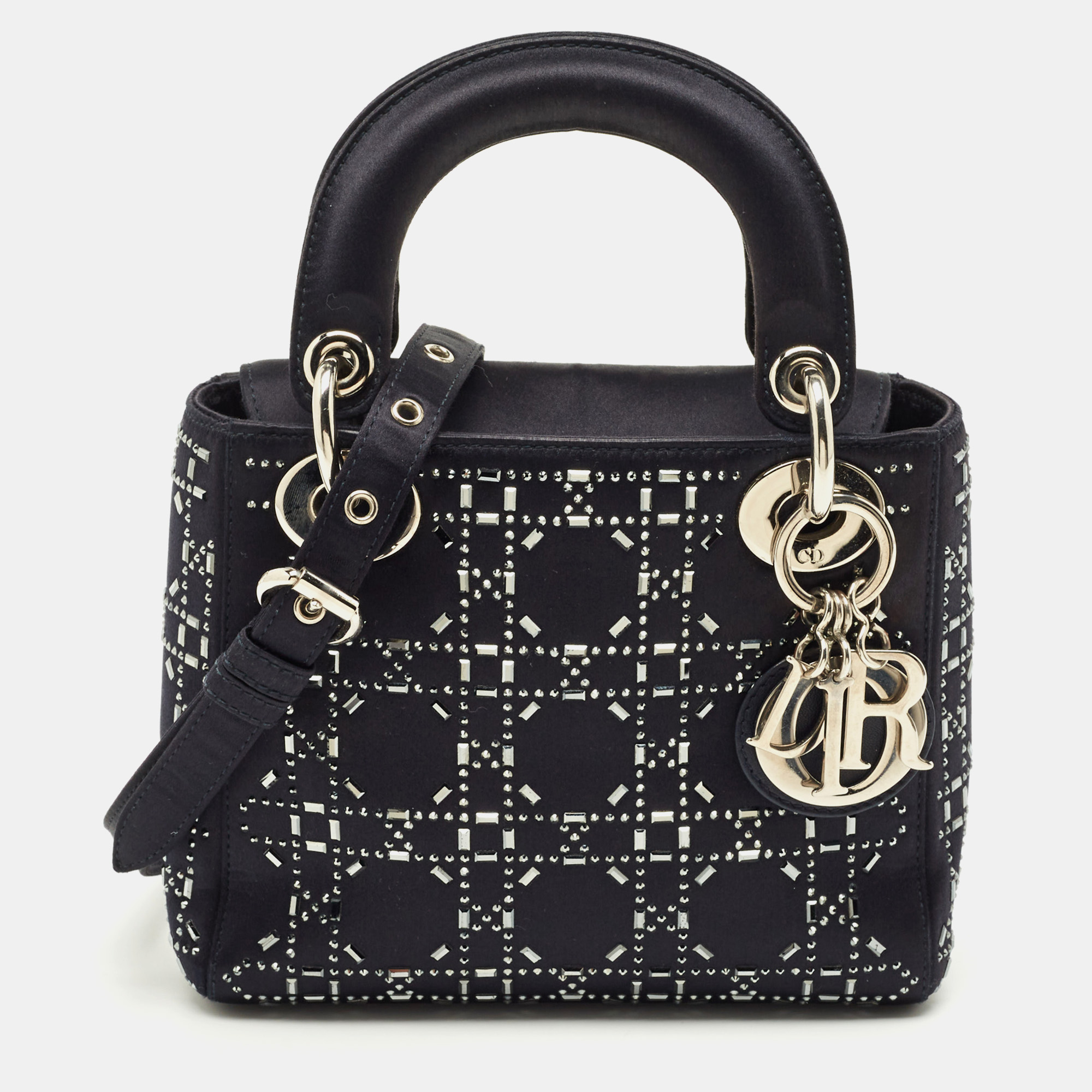 

Dior Navy Blue Satin Cannage Strass Crystal Embellished Mini Lady Dior Tote