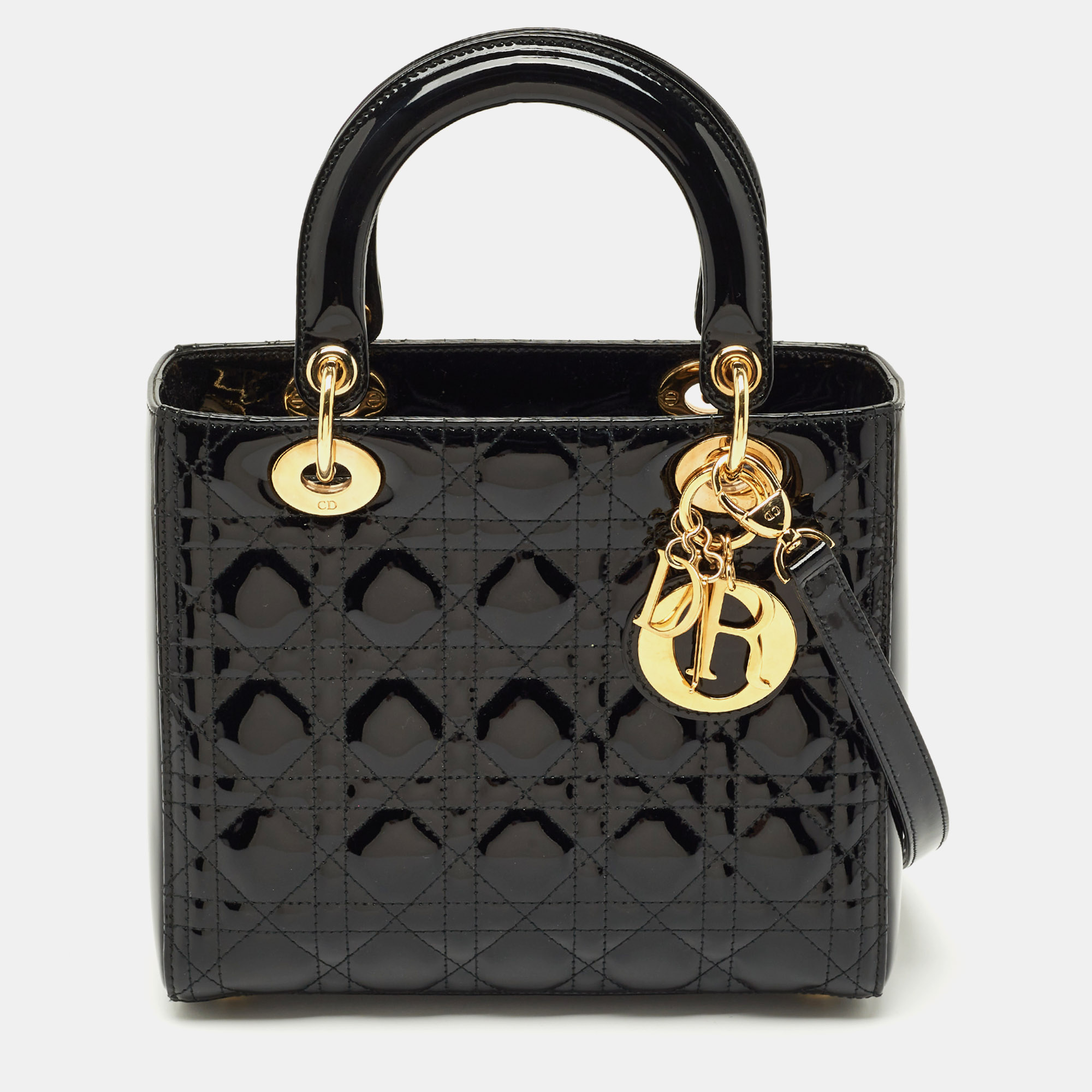 

Dior Black Cannage Patent Leather Medium Lady Dior Tote